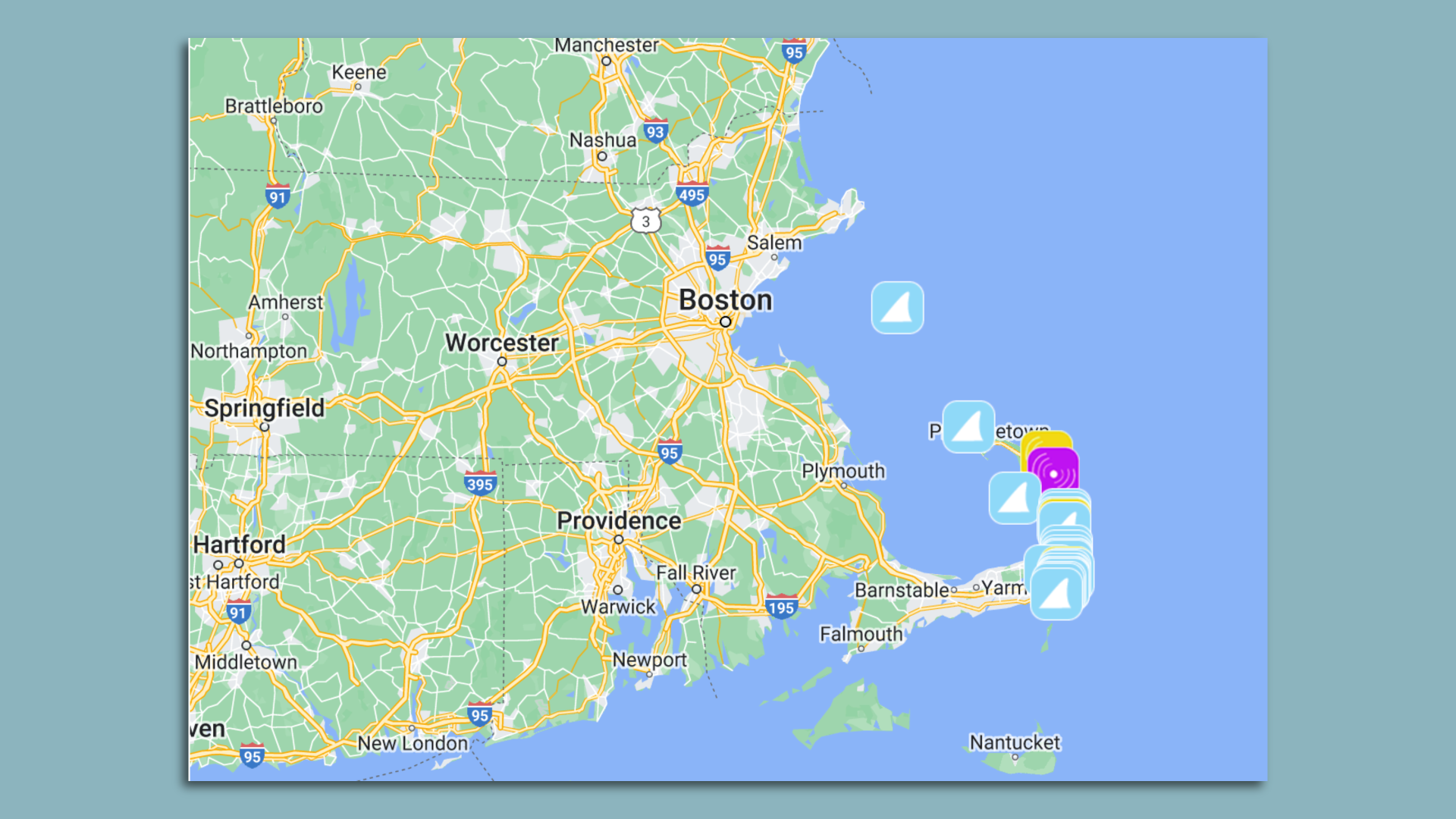 Map of the NEw England coast with shark sightings.