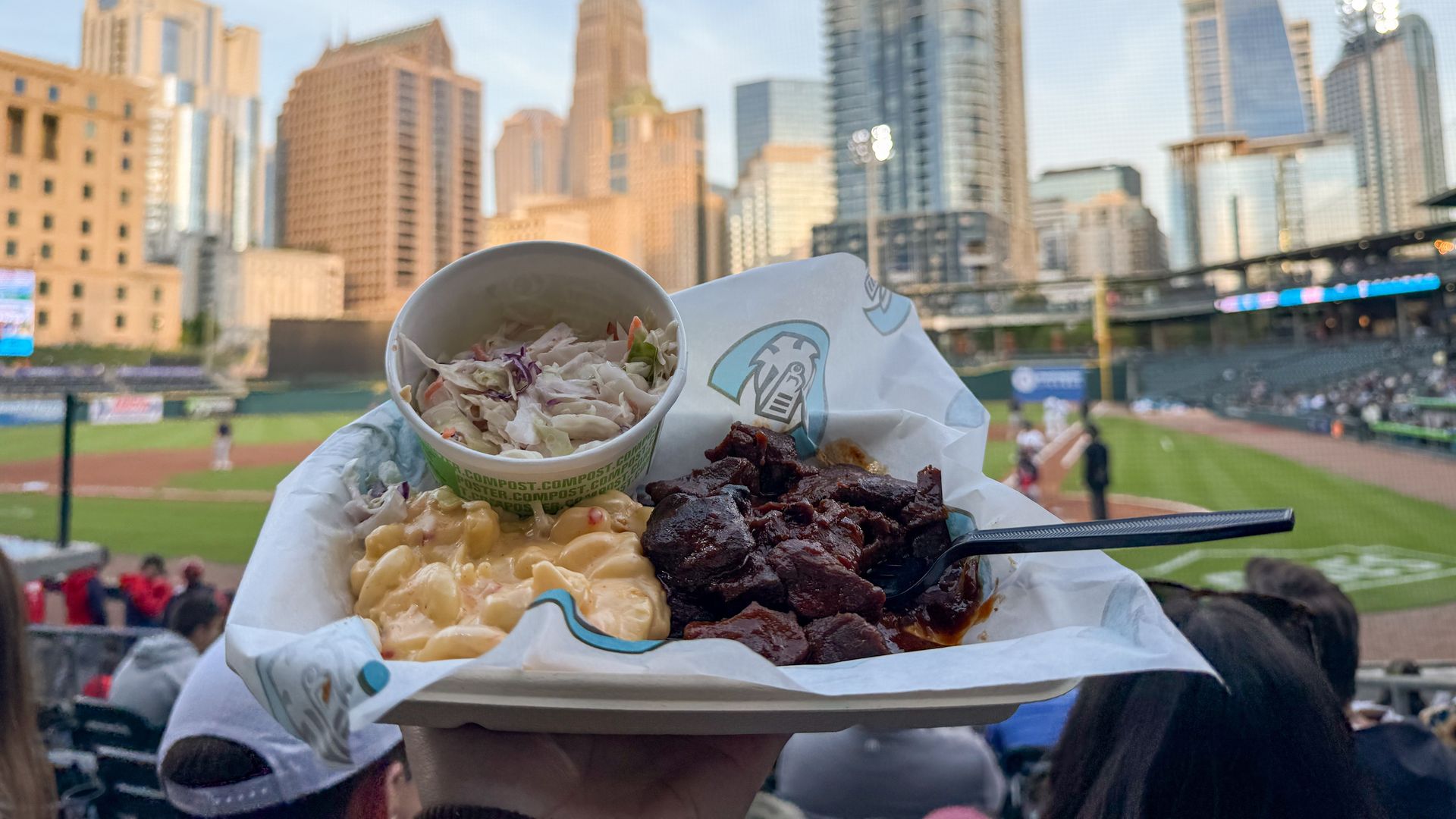 Baseball stadium with a city skyline behind. A hand holds a tray of BBQ meat, creamy macaroni and cheese, and a cup of coleslaw, with a plastic fork resting on the tray.