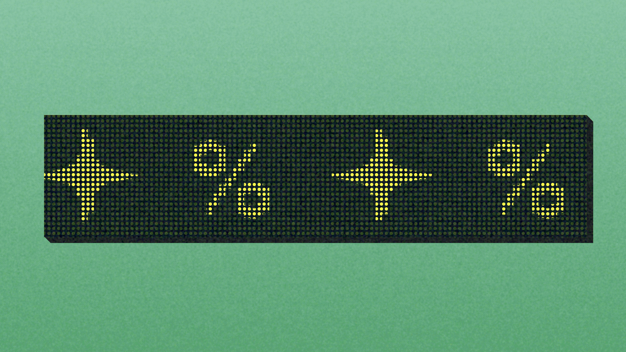 Animated illustration of a stock ticker with alternating sparkles and percent signs moving across it from right to left.
