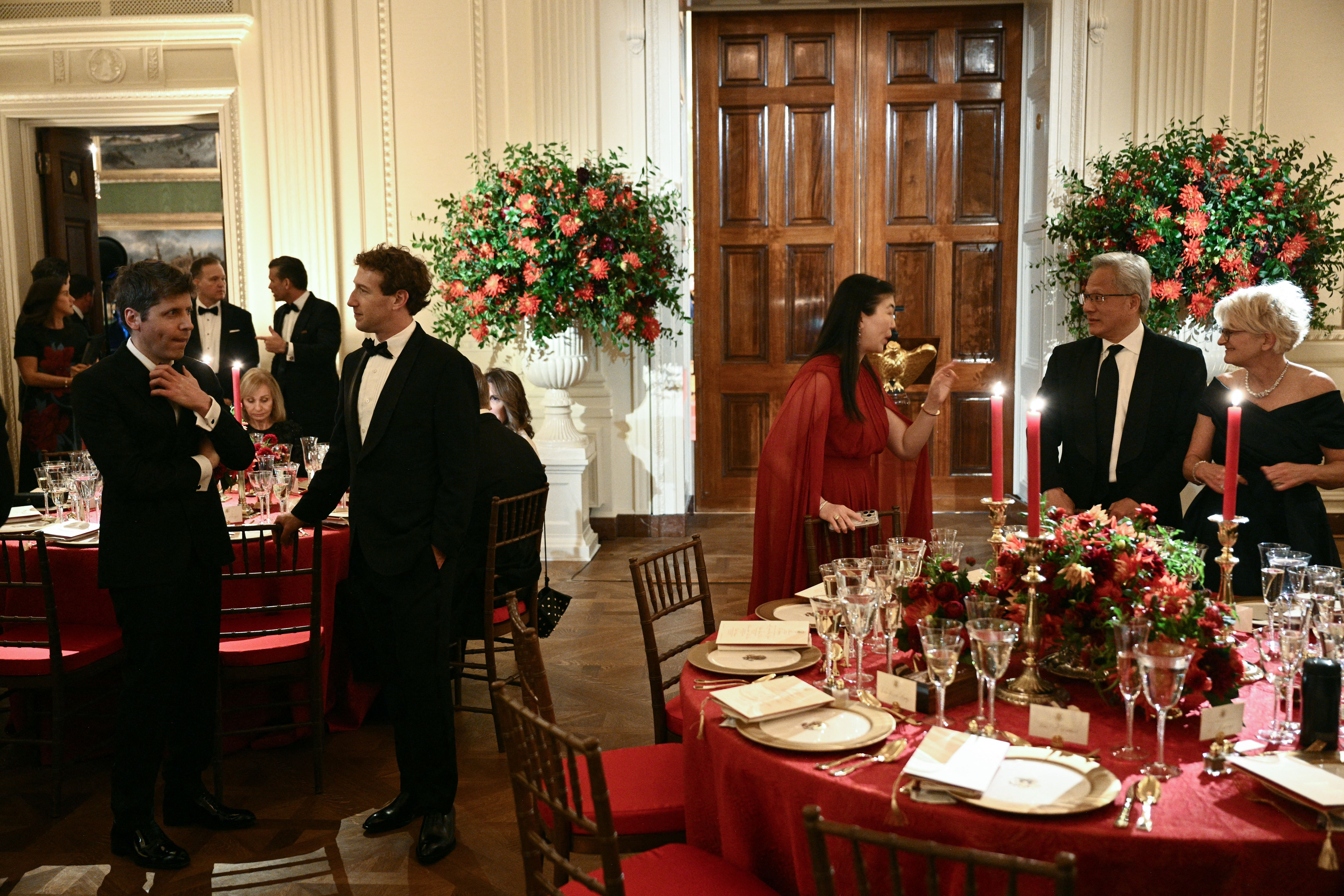 OpenAI CEO Sam Altman (L), Meta CEO Mark Zuckerberg (2nd/L), NVIDIA CEO Jensen Huang (2nd/R) and his wife Lori Huang (R) attend a state dinner hosted by US President Donald Trump for Chinese President Xi Jinping in the East Room of the White House in Washington, DC, on September 24, 2026. President