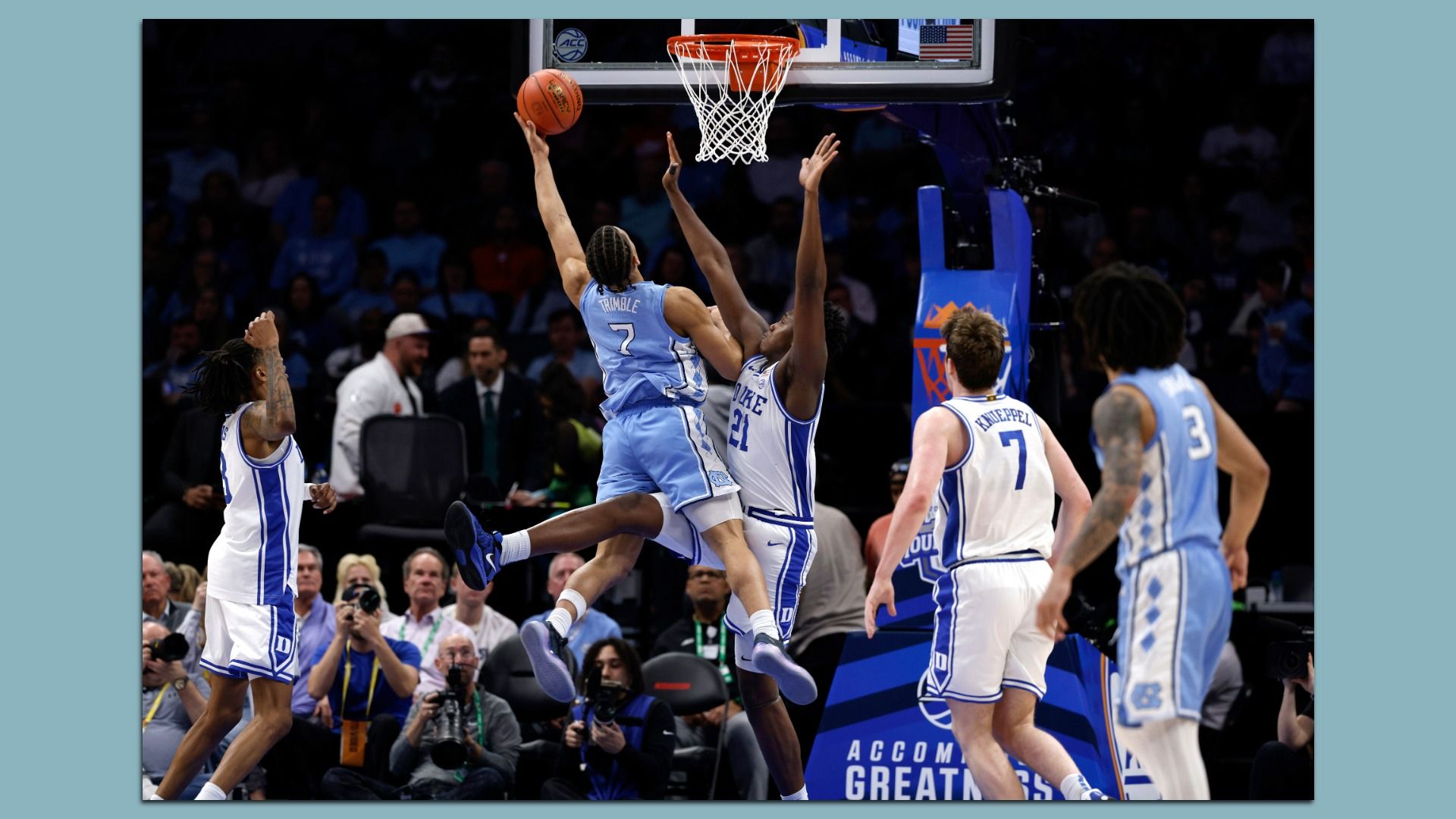 Duke and UNC mens teams in a semifinal game in this year's ACC tournament. Photo: Lance King/Getty Images