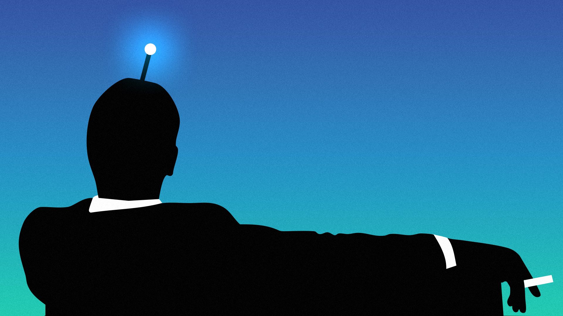 Illustration of a man on a couch with a robot antenna on his head.