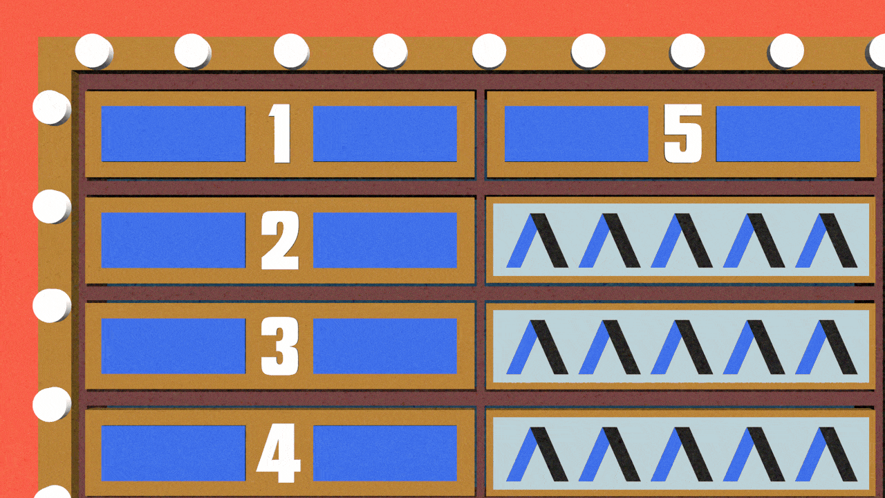 Animated illustration of a game show board. Slots rotate to reveal the words HOT DOGS, KENWOOD, '90s BULLS, GREEN MILL, and BLUE LINE STOPS, before three rectangles with Xs in them appear and fade.