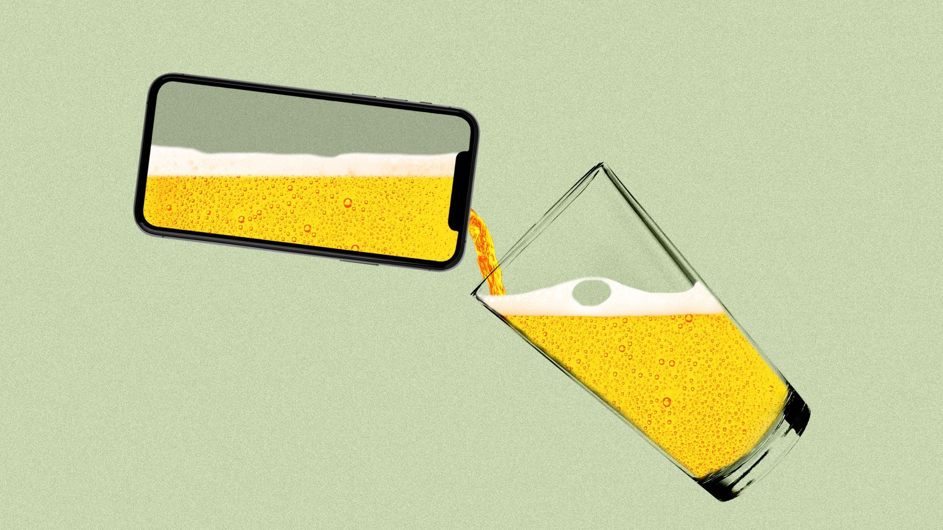 Illustration of beer pouring from a smartphone into a pint glass.
