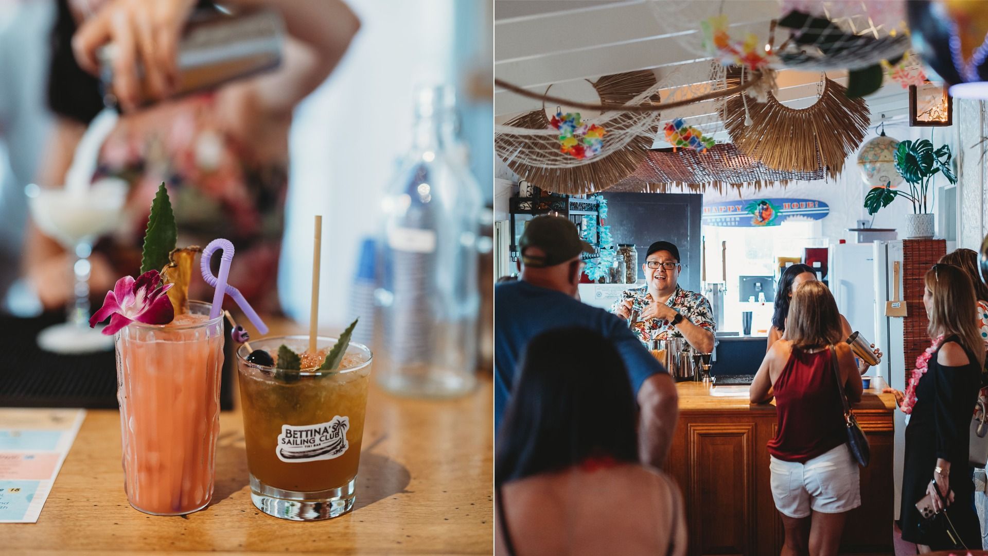 Left: two tropical cocktails on a wooden bar—pink with a flower and purple straw, amber with lime. Right: busy tiki bar with customers at a wooden counter and a bartender in a floral shirt under thatched decor.