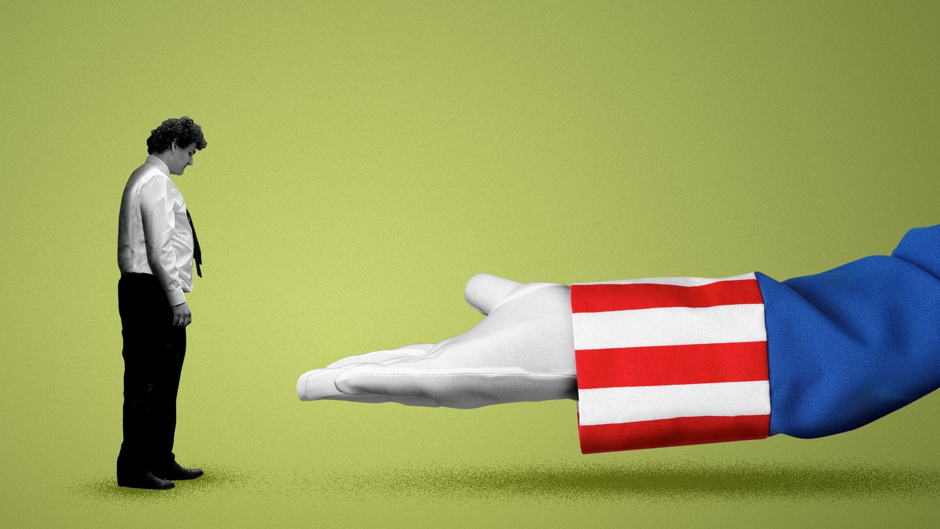 Photo illustration of SBF looking down at a giant outstretched Uncle Sam hand. 