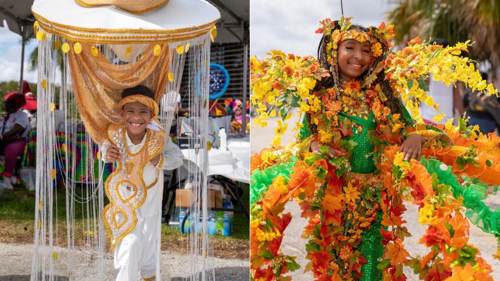 Two-panel image: left shows a child in a shimmering gold carnival costume under a fringed canopy, smiling; right features a dancer in a bright yellow-orange floral outfit with a flower crown.