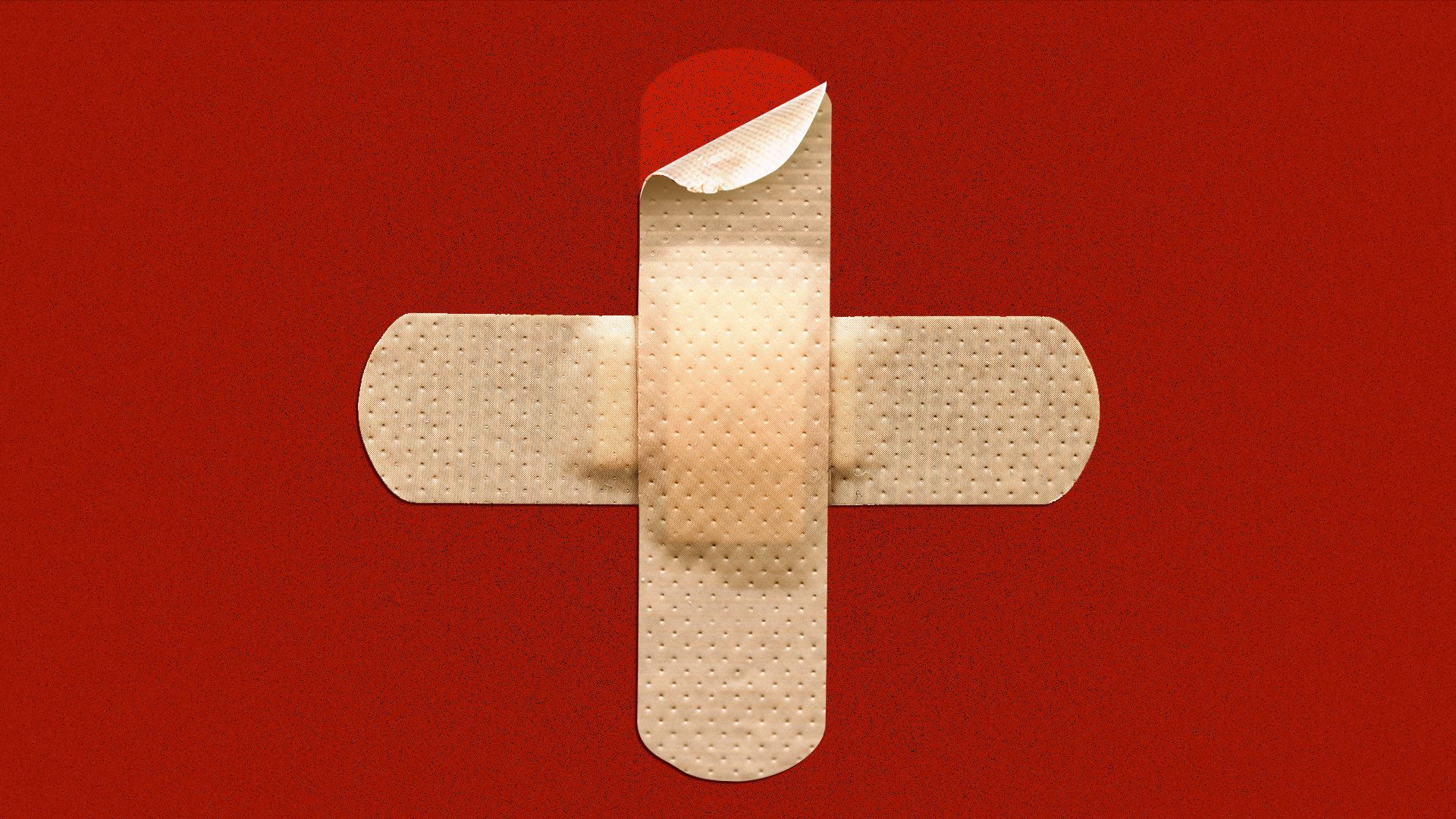 Illustration of two adhesive bandages forming a medical cross on a red background, with the vertical adhesive bandage peeling from the corner. 