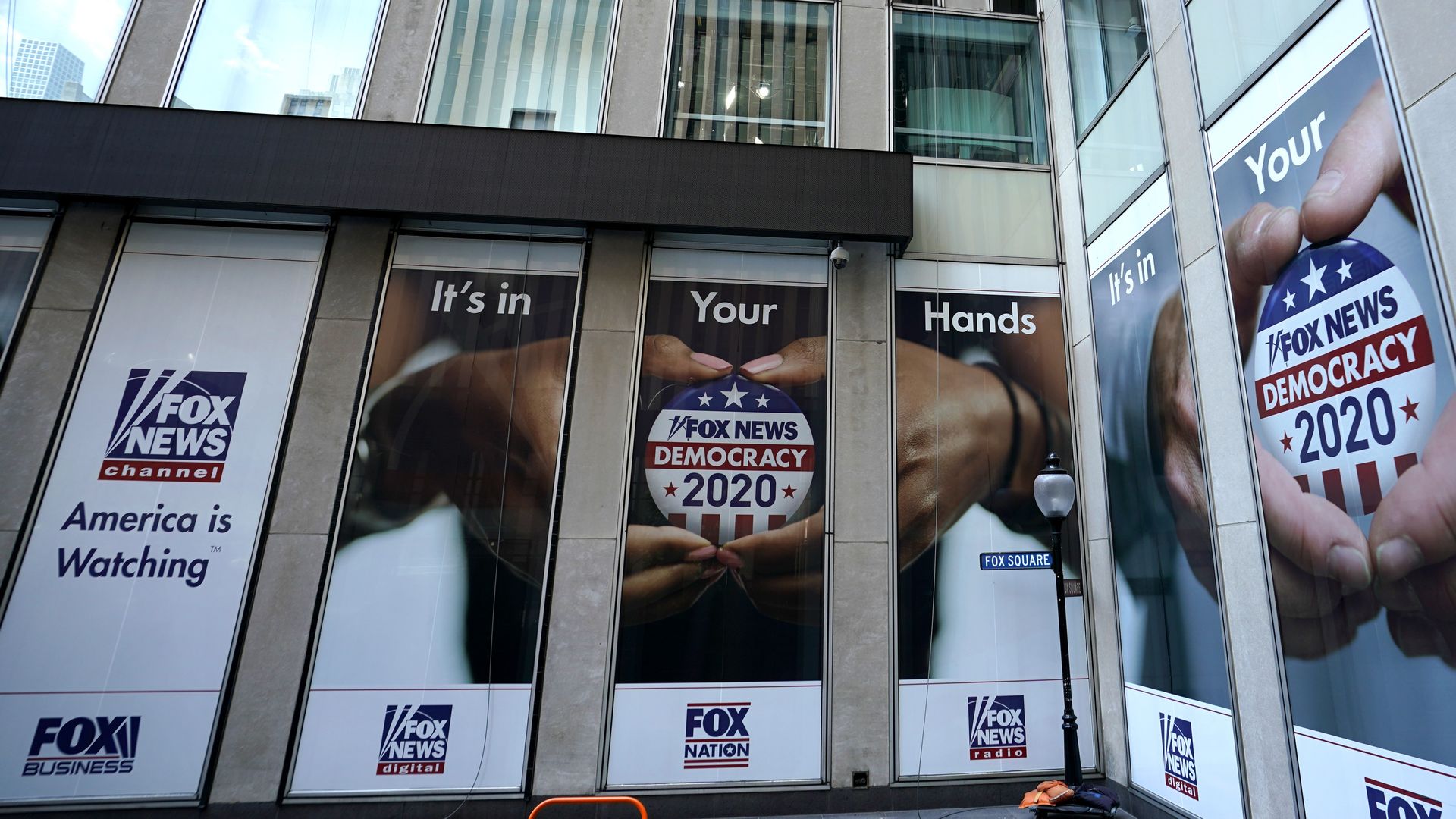 A political display is posted on the outside of the Fox News headquarters on 6th Avenue in New York July 21