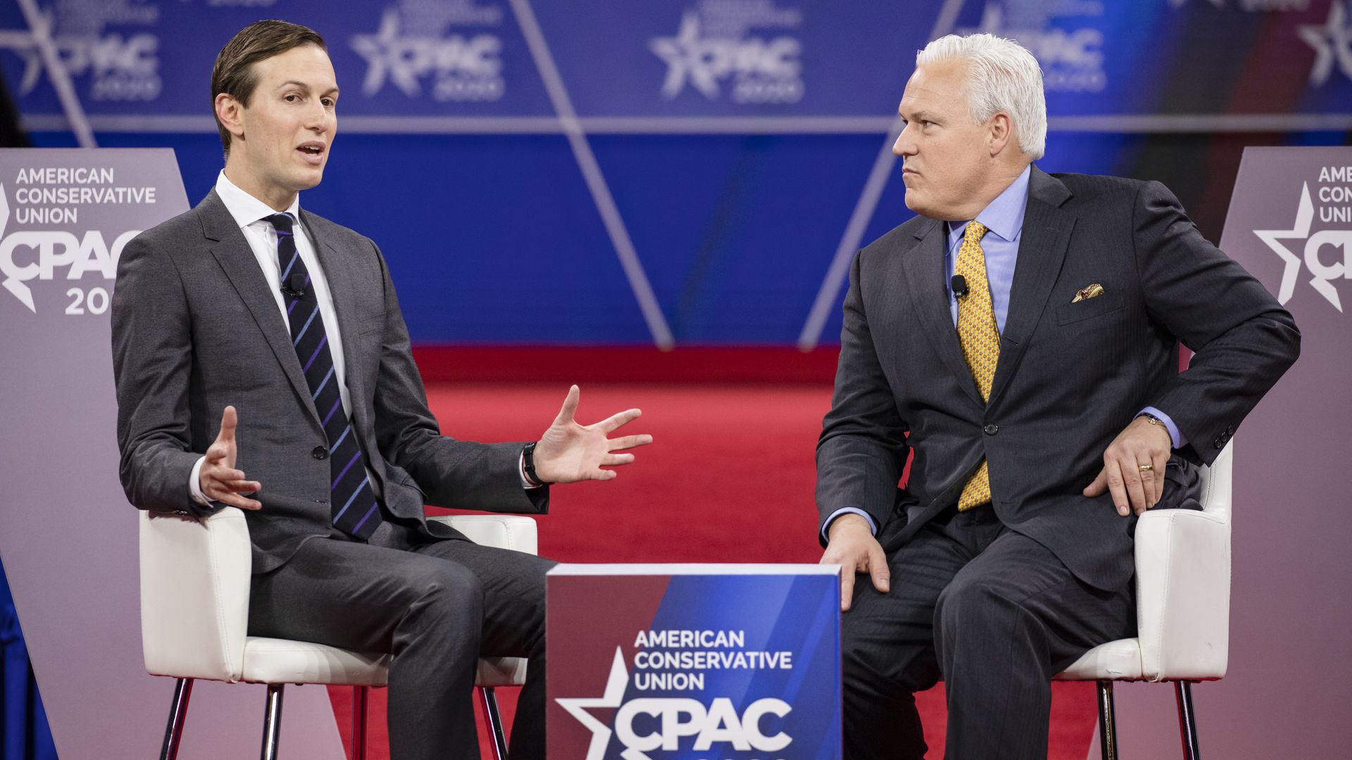 Matt Schlapp is seen interviewing Jared Kushner at the 2020 CPAC meeting.