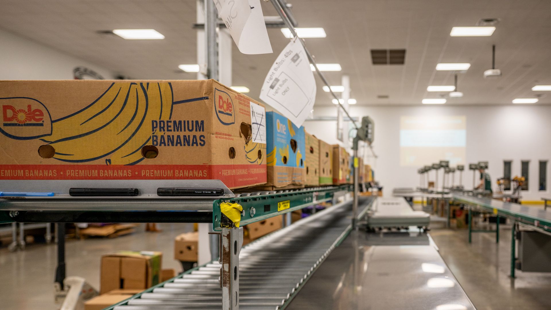 A photo of bananas on a shelf in a factory. 
