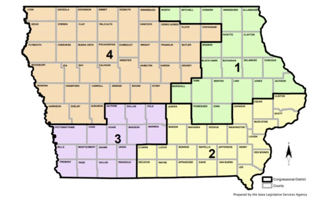 A map showing Iowa's current congressional districts. 