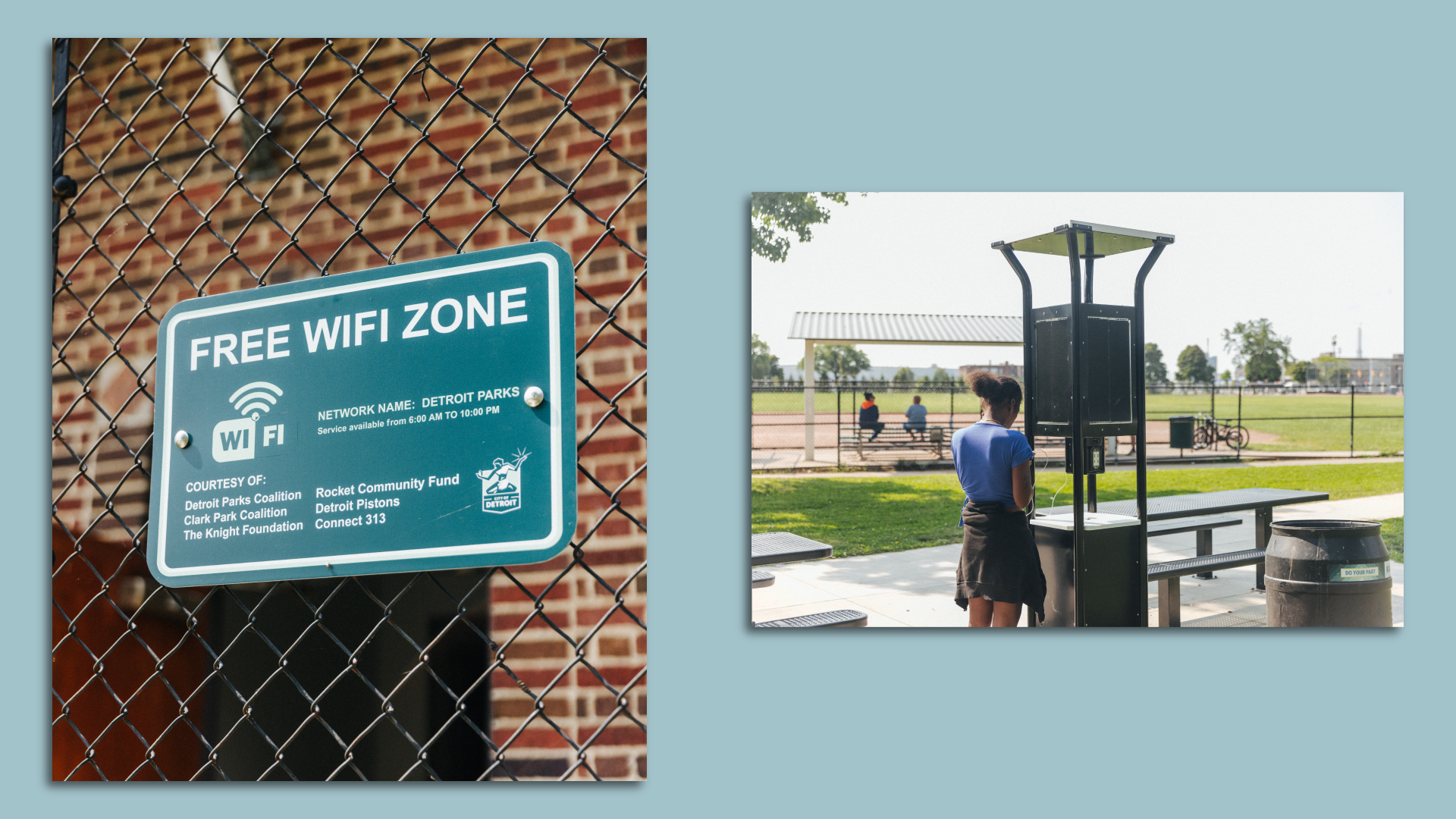 A sign that says "free WiFi zone," and a second image of a small tower with plugs in it to charge devices.