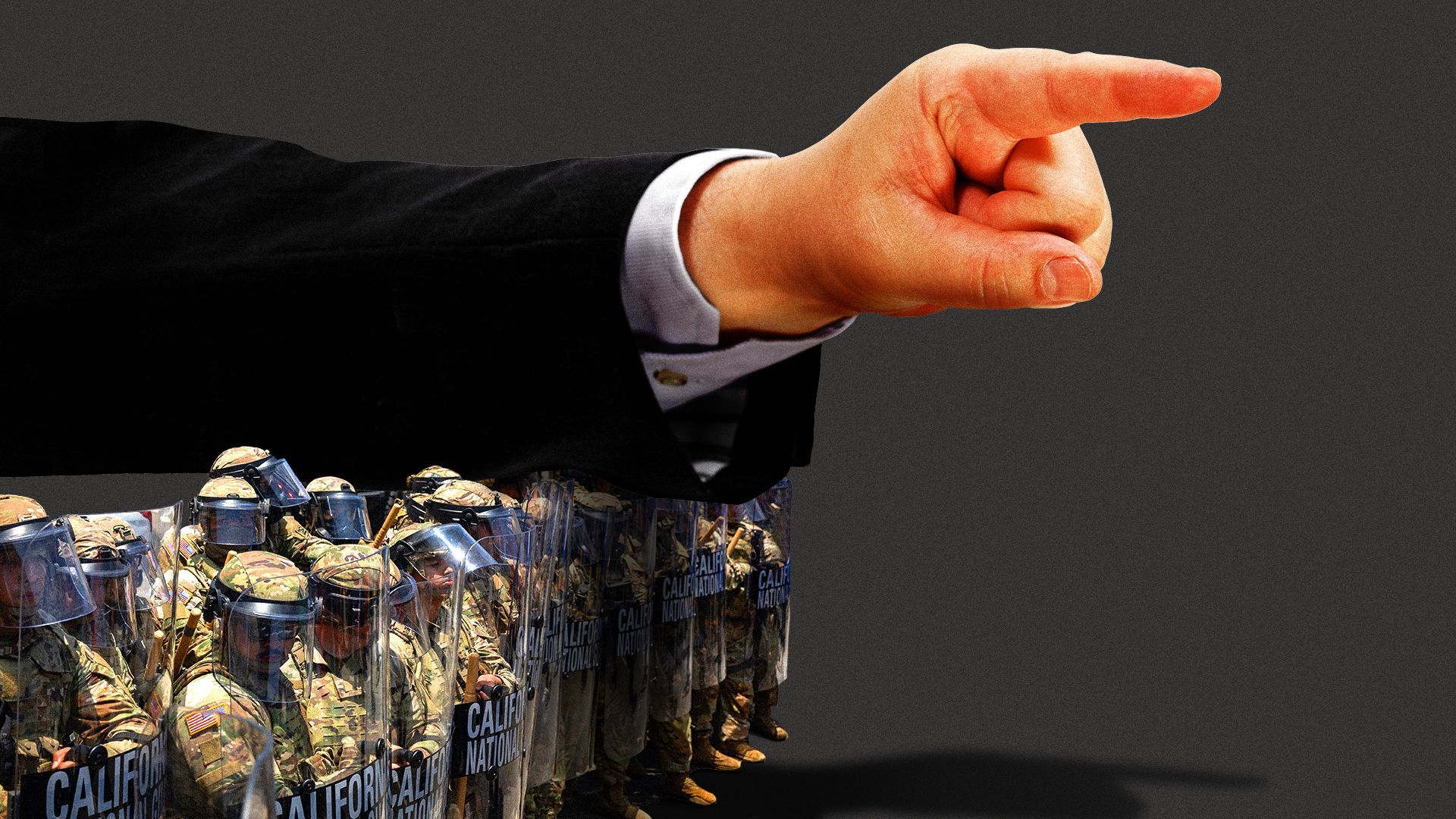 Photo illustration of a pointing hand hovering over the California National Guard.