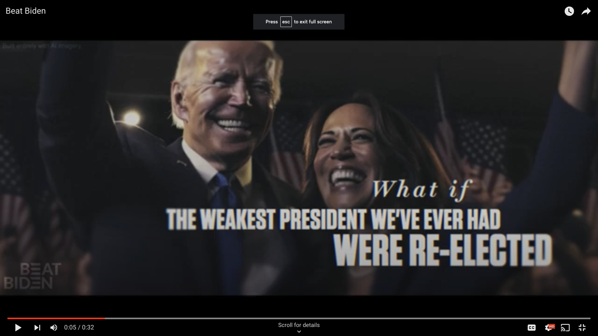 An AI-generated image of President Biden and Vice President Harris celebrating victory after the 2024 election, with the words, "What if the weakest president we've ever had were re-elected."