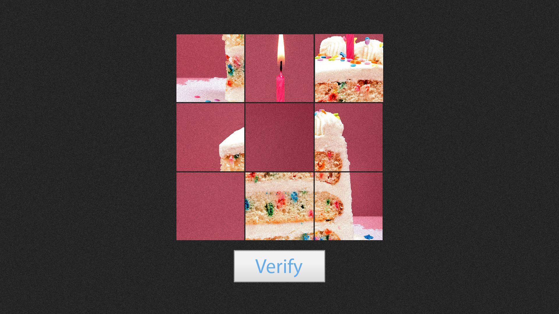 Illustration of a captcha prompt showing a mixed up slice of birthday cake with a candle