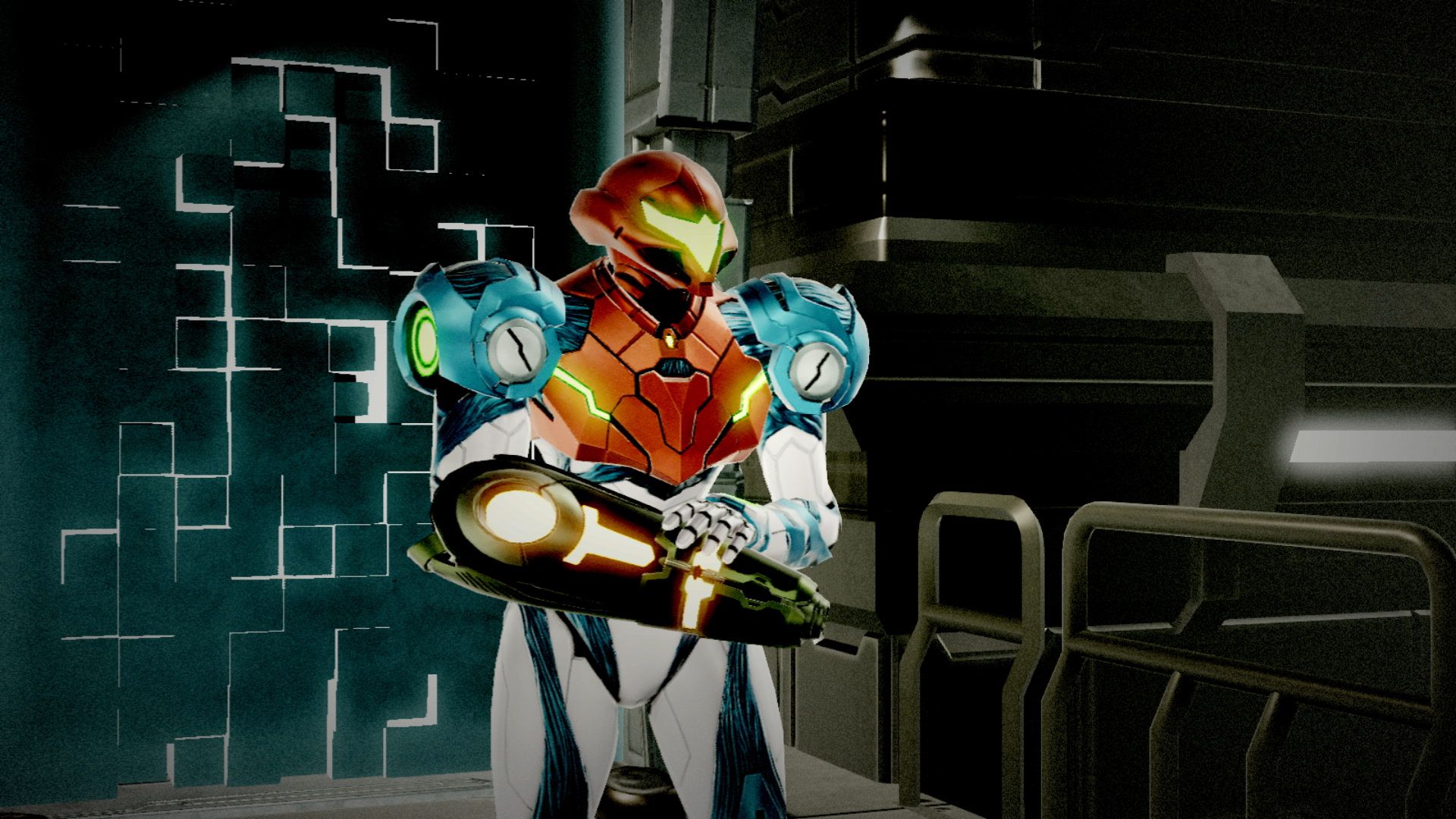 A futuristic bounty hunter in armor stands ready