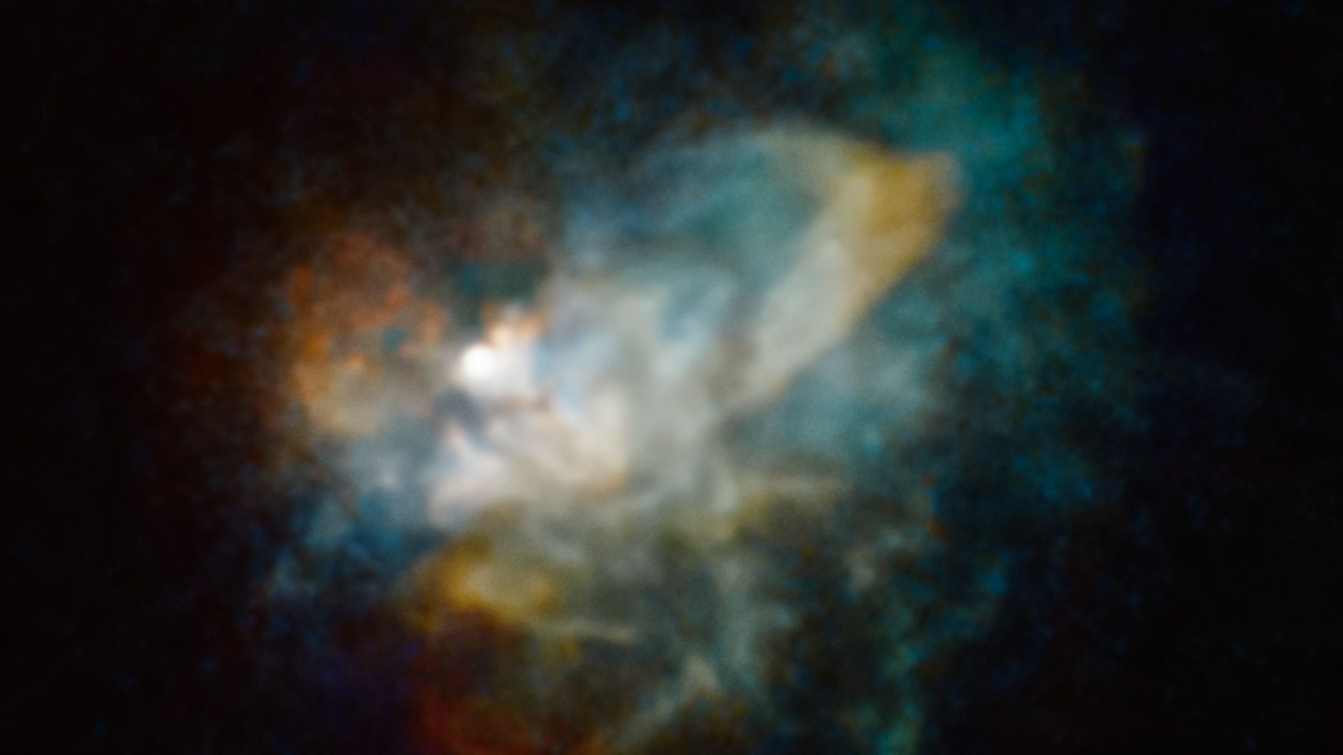 Green, brown and white gas swirl around a bright white star against the blackness of space