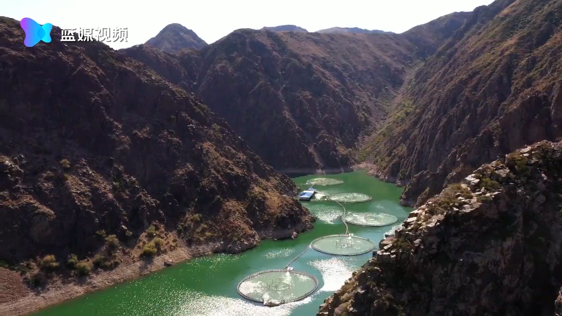 A chain of salmon pens in a reservoir at Xinjiang Tianyun Organic Agriculture Company in Xinjiang, China. Photo: Xinjiang Tianyun Organic Agriculture Co. via The Outlaw Ocean Project