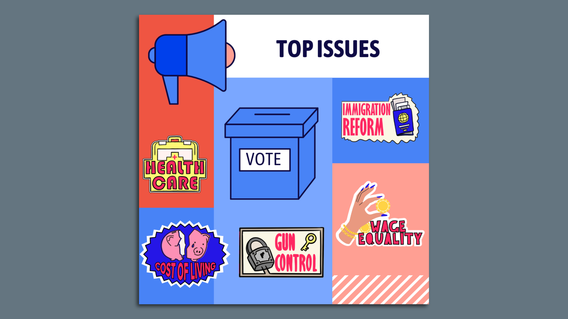 Series of stickers on a poster highlighting top issues for young voters.