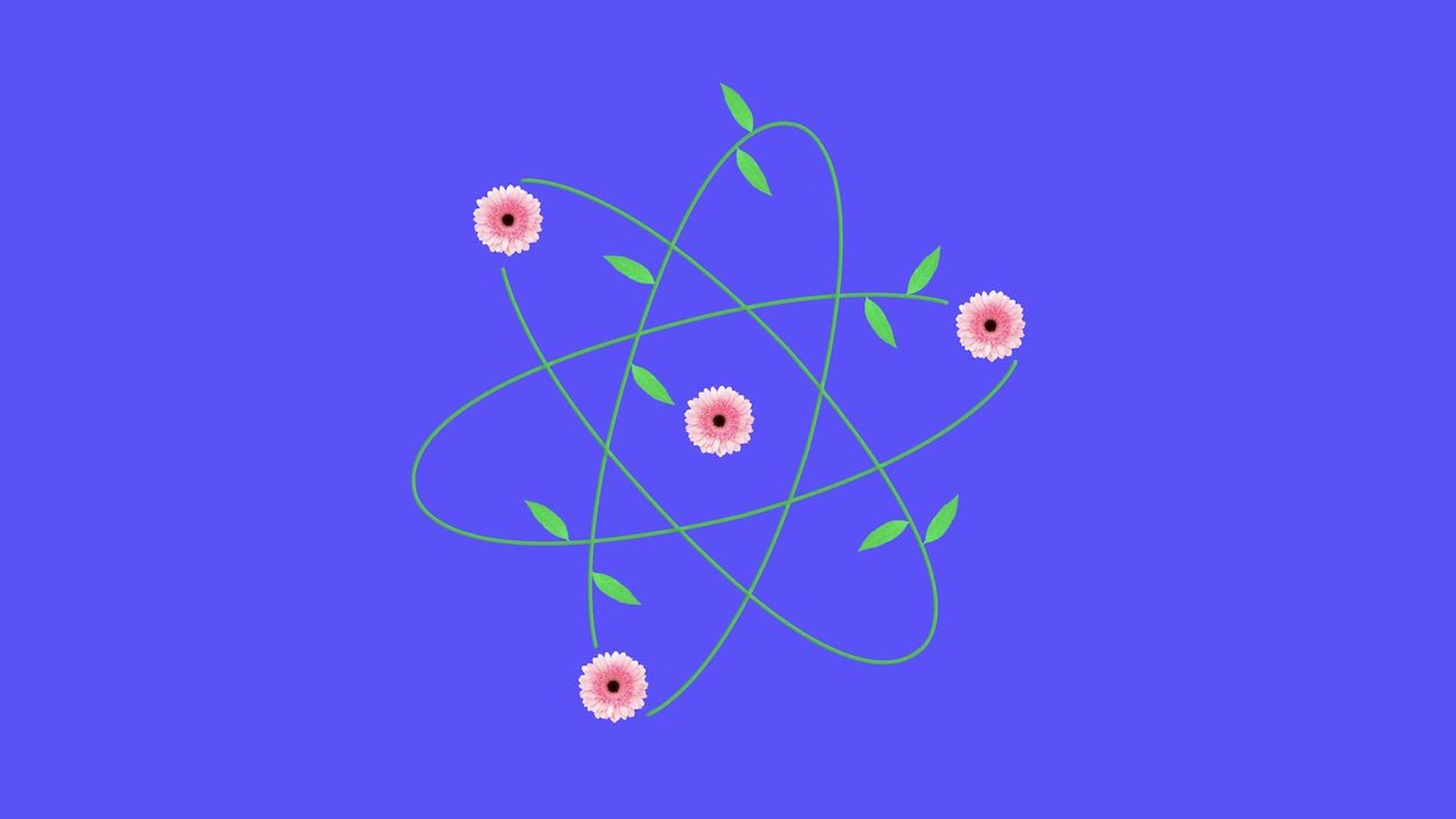 Illustration of a nuclear power logo with flowers around it.