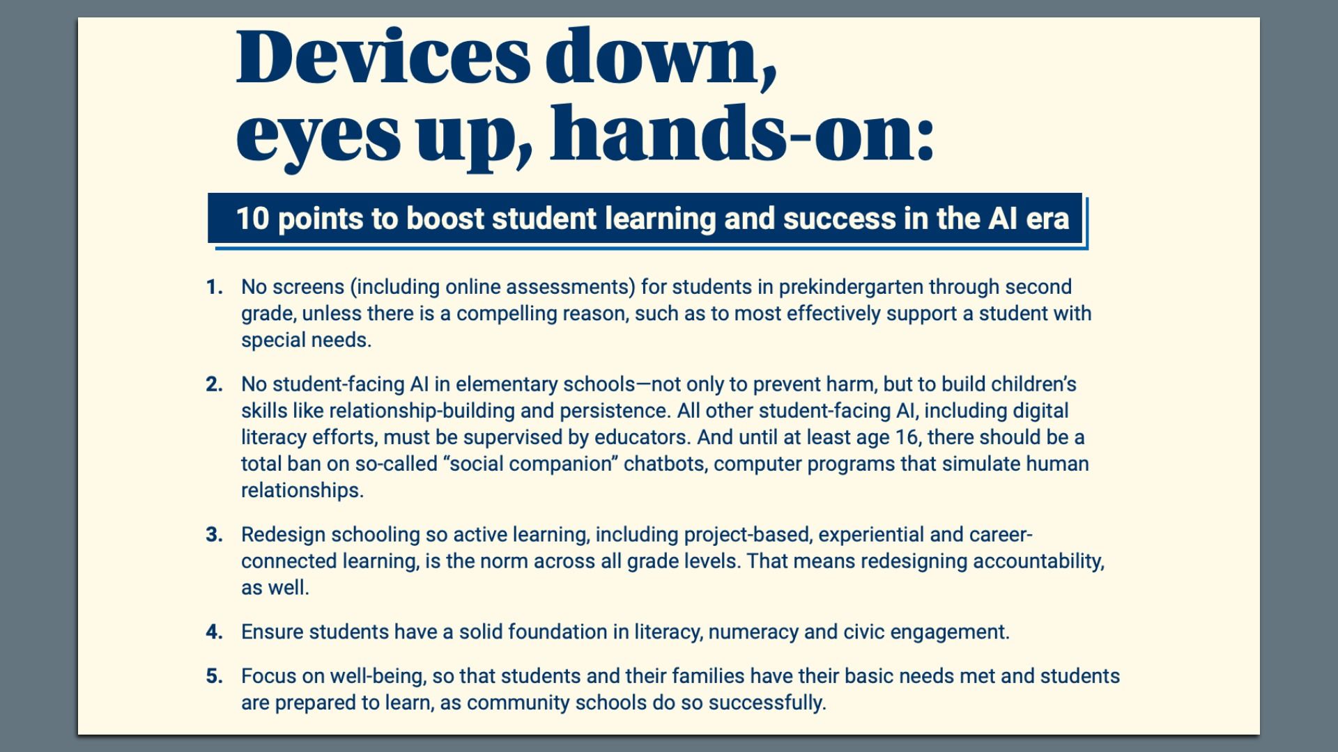 Cream-colored poster with navy text; large title "Devices down, eyes up, hands-on:" and a dark blue banner reading "10 points to boost student learning and success in the AI era", followed by a numbered list.