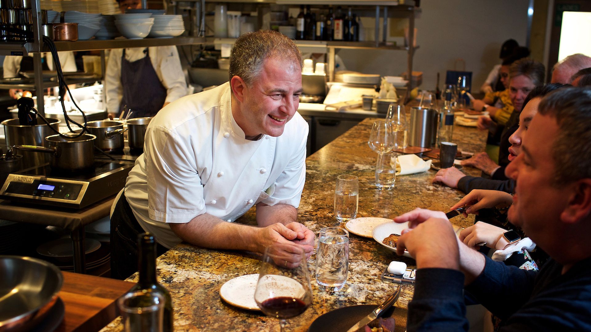Chef and owner Jonathan Krinn talks to guests at the chef's counter of his restaurant Clarity photographed in Vienna, VA on January 26, 2019. (Photo by Deb Lindsey for The Washington Post via Getty Images).