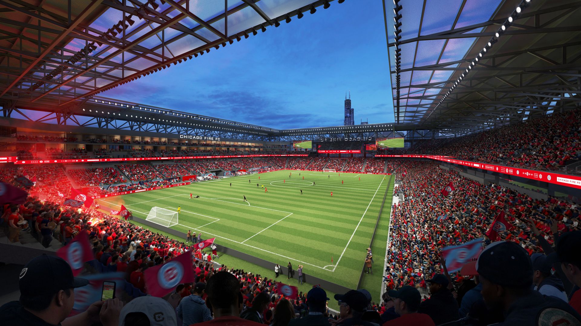 Rendering of a soccer stadium with a skyline in the background. 
