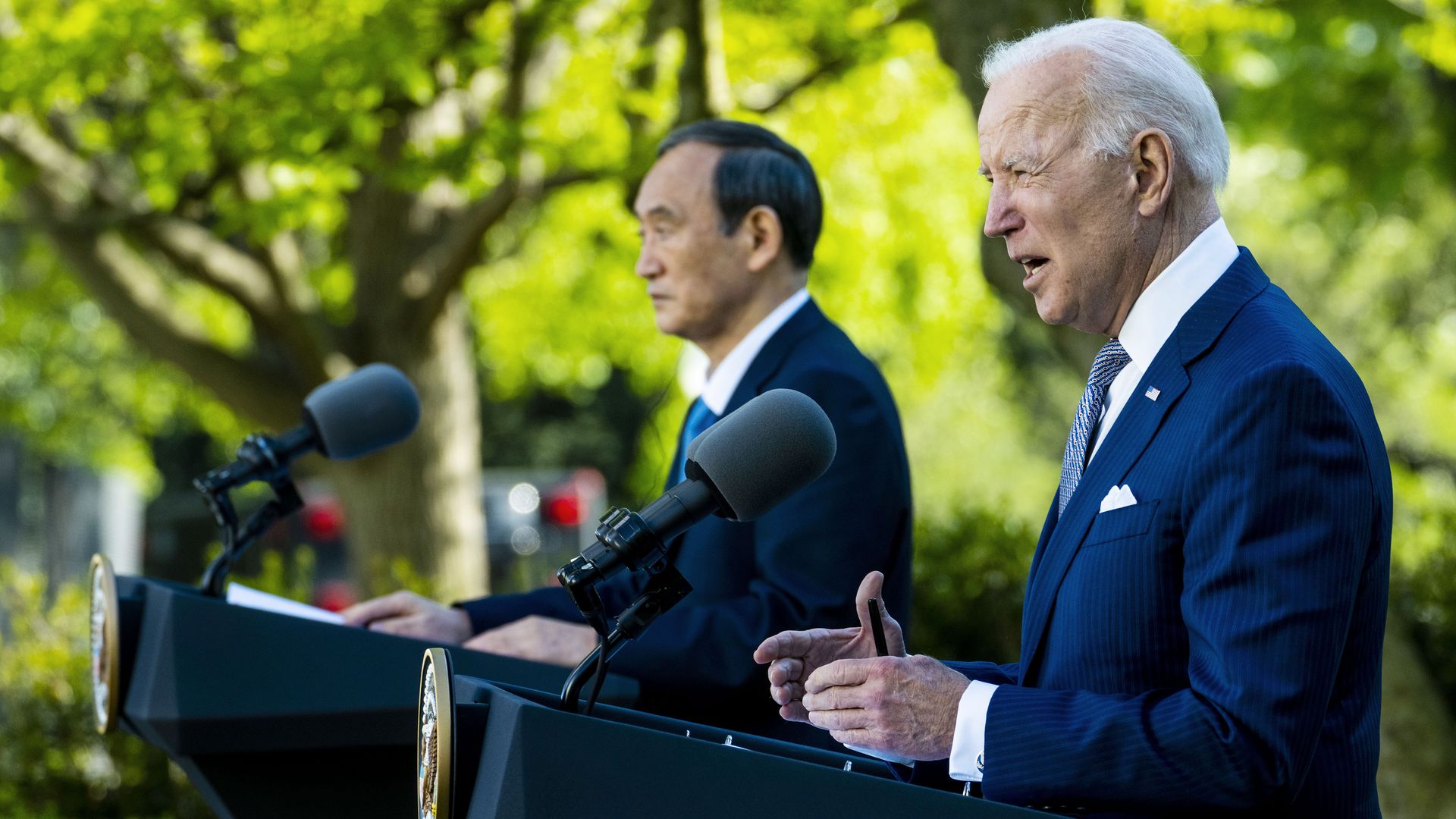 U.S. President Joe Biden (R) and Prime Minister Yoshihide Suga of Japan hold a news conference in the Rose Garden of the White House on April 16, 2021