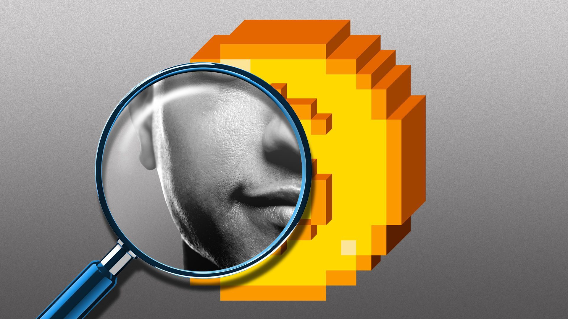 An illustration of a magnifying glass seeing a person from inside a crypto coin