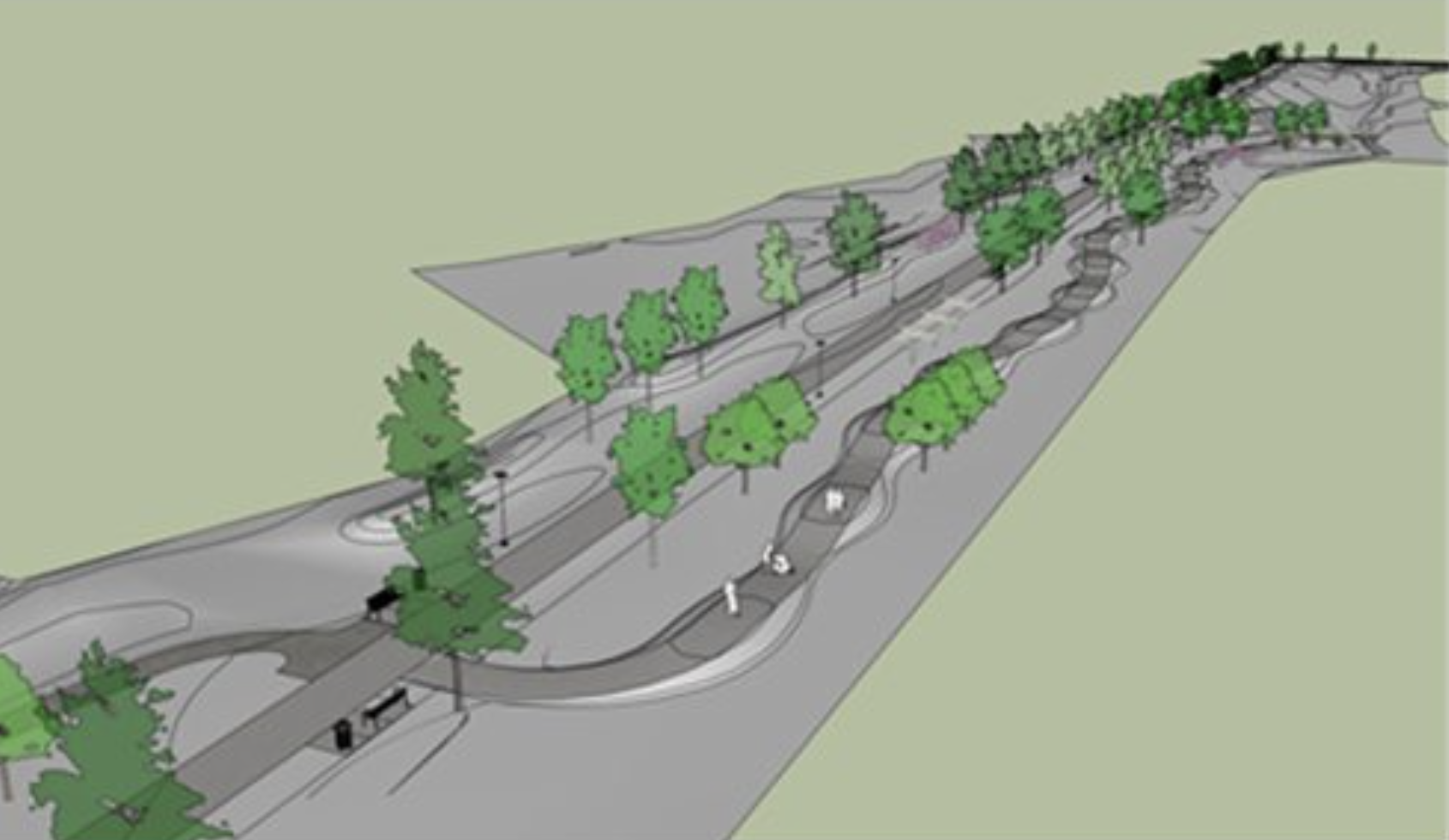 Rendered top-down design of a green urban park with winding pathways, trees in various shades of green, benches, and open grey paved areas.