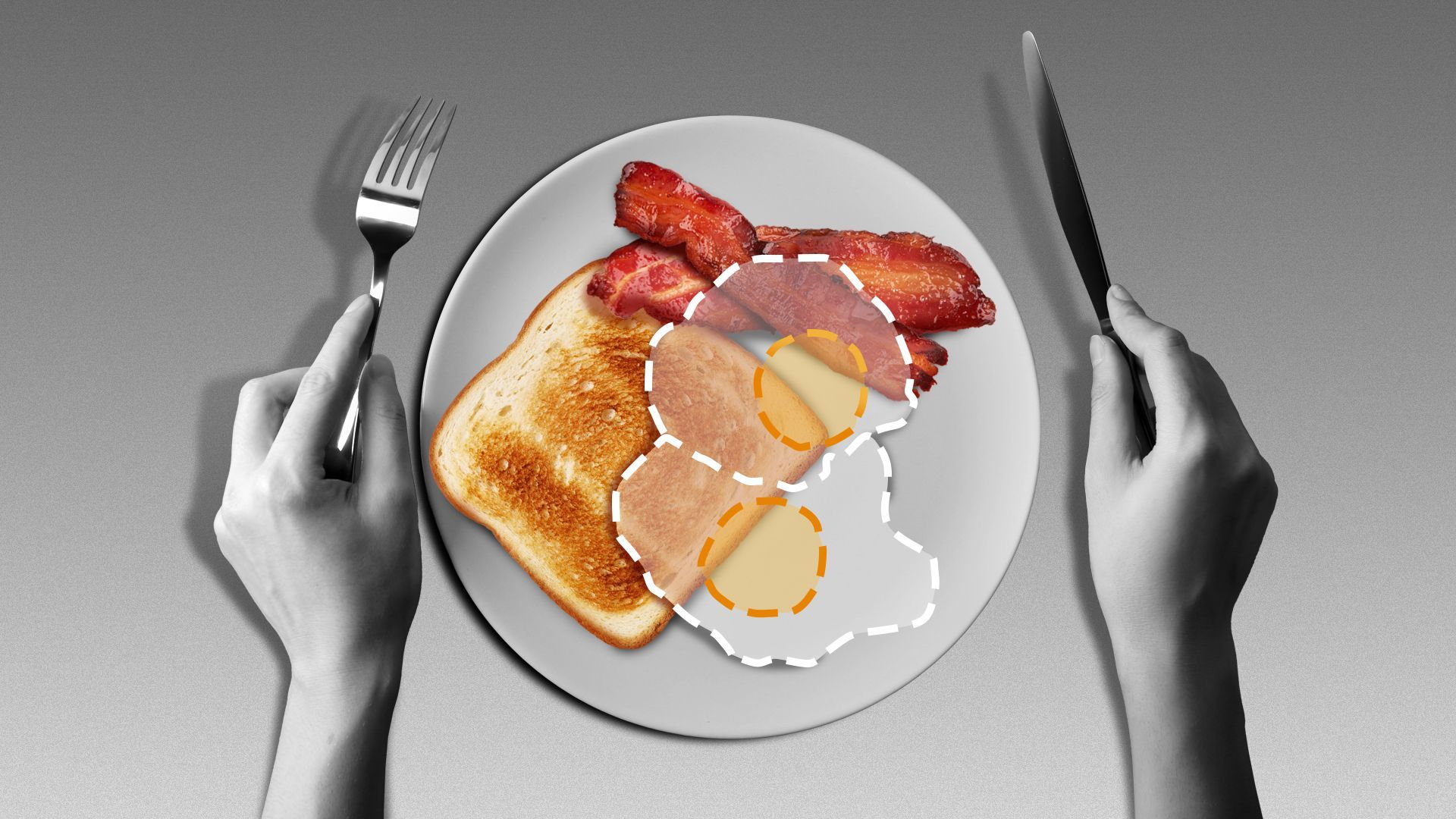Illustration of a plate of breakfast with the eggs missing and represented as dotted lines