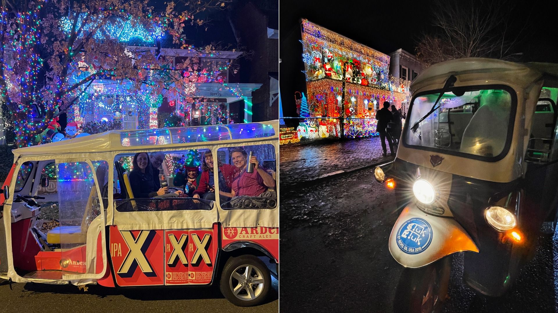 Side-by-side images of a decorated house with colorful Christmas lights and a tuk-tuk vehicle; left shows people inside tuk-tuk, right shows tuk-tuk with headlights on near lit building.