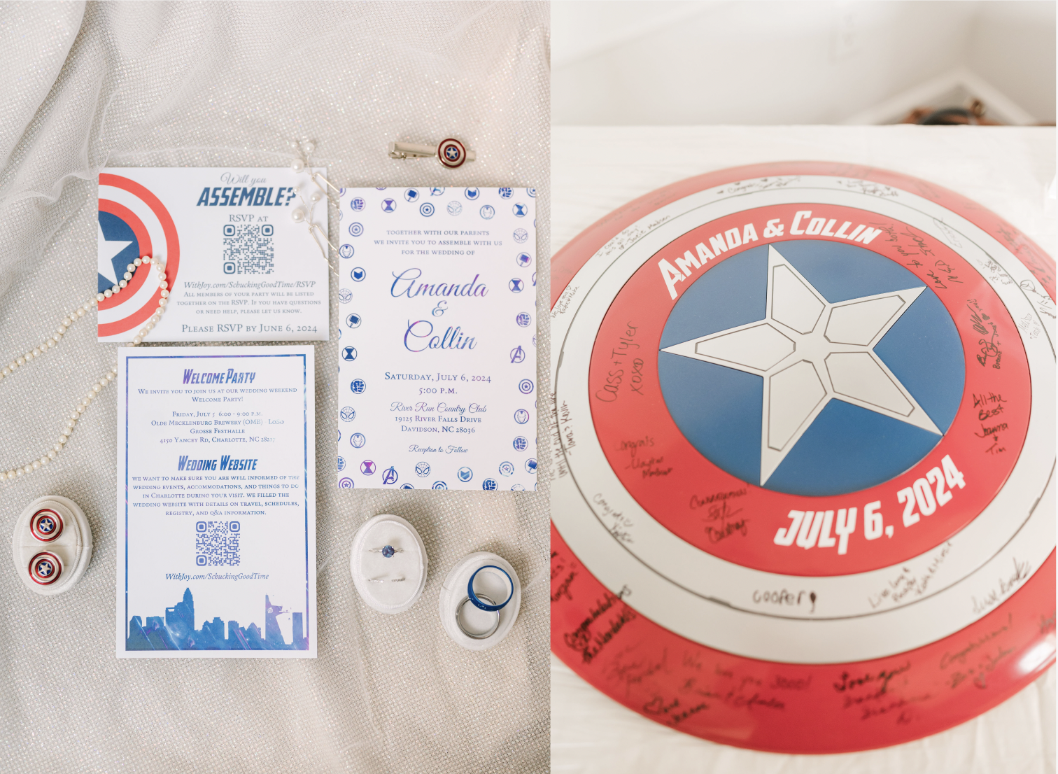 Wedding invitations for Amanda and Collin's July 6, 2024 event with Captain America-themed RSVP card and shield, engagement rings, and signed Captain America shield guestbook.