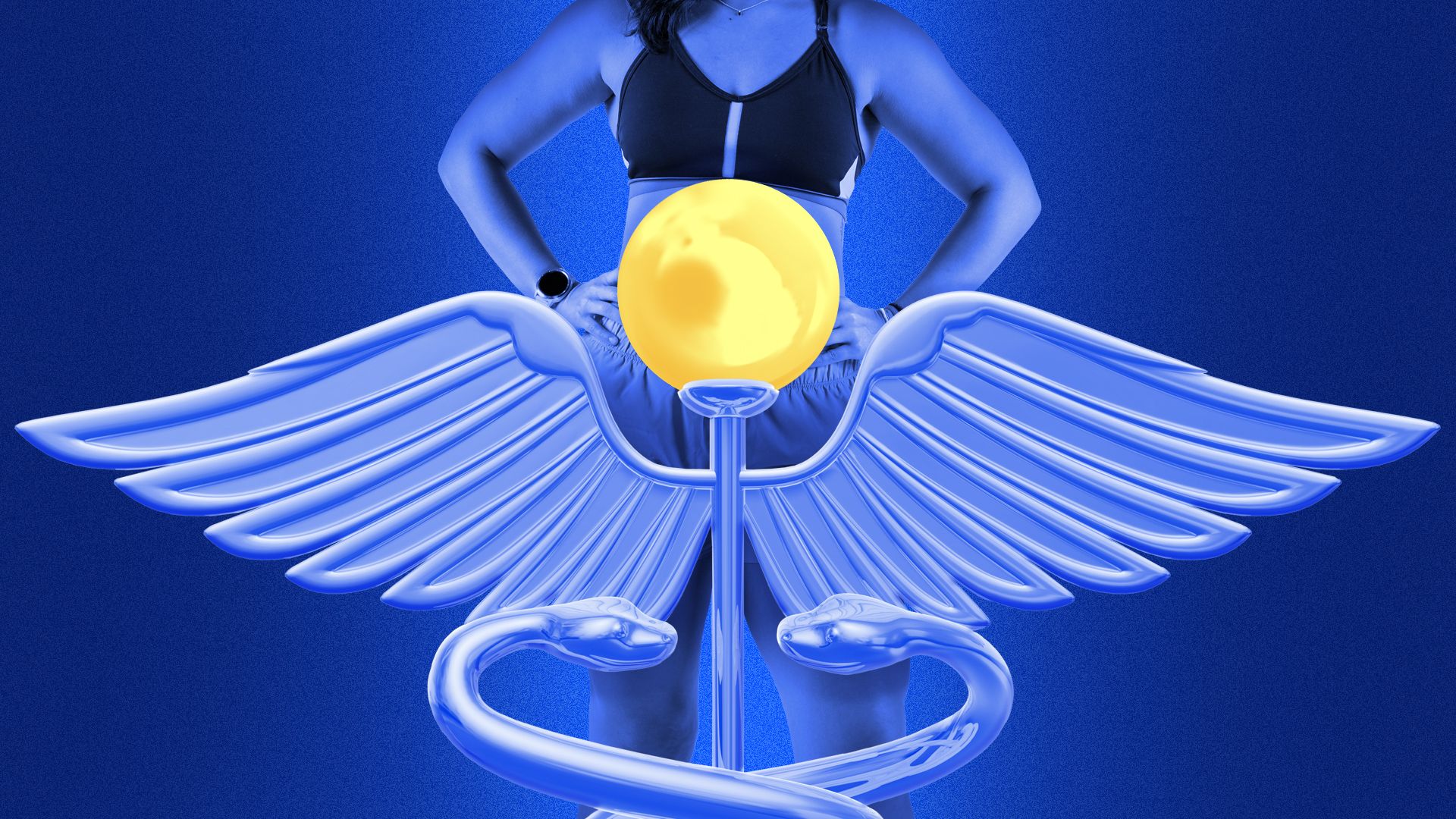 Illustration of a woman with her hands on her hips behind a caduceus with a large yellow ball at the top over her belly 