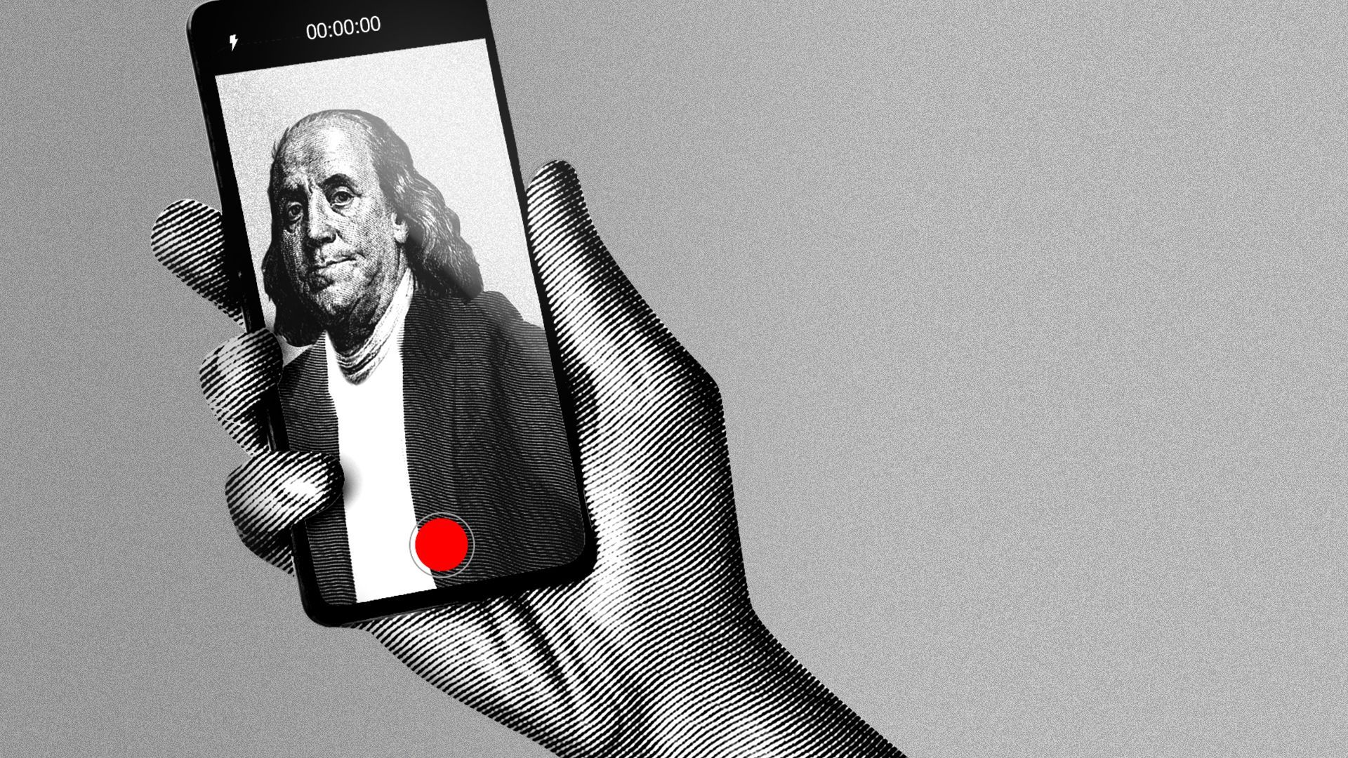 an illustration of ben franklin taking a selfie on an iphone 