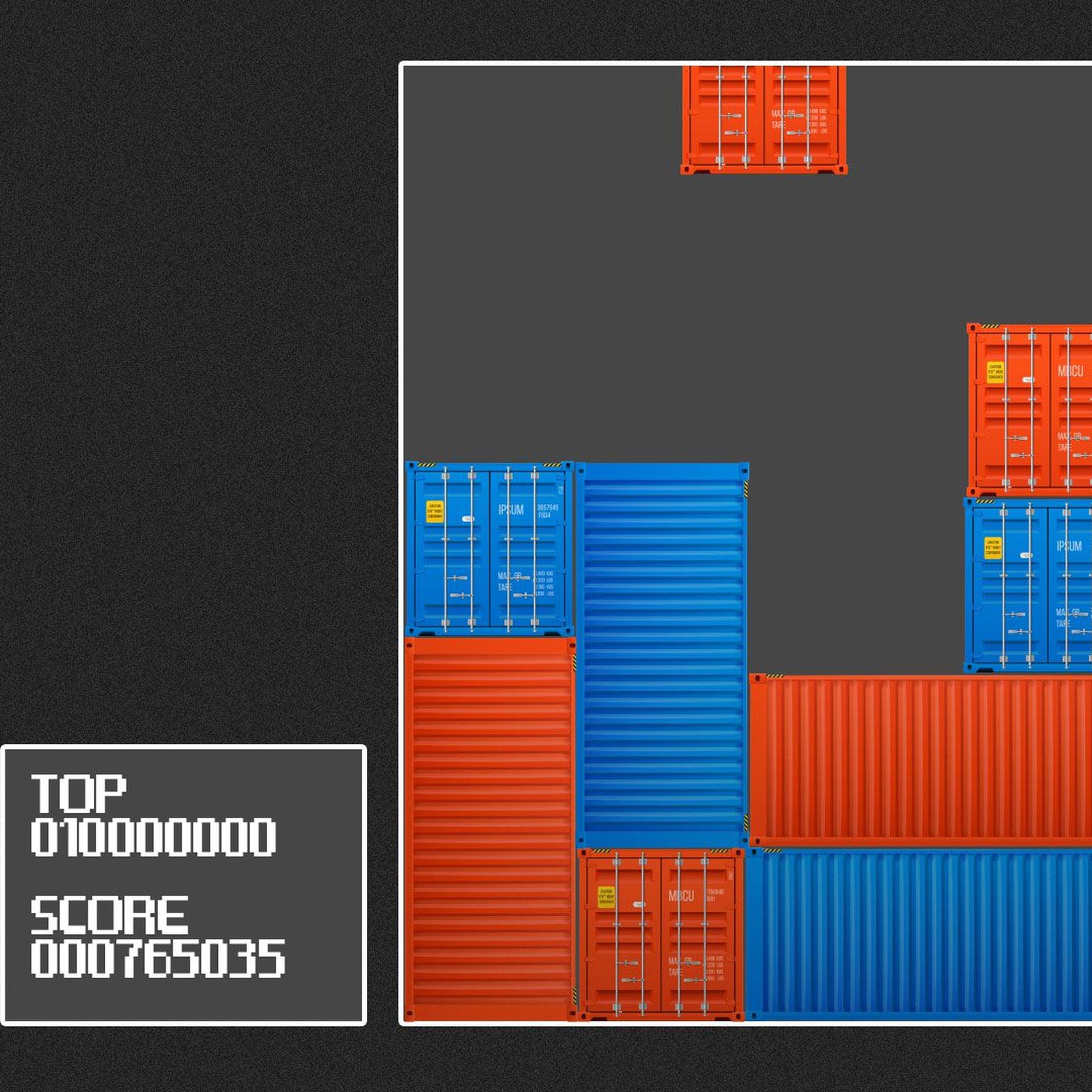 Illustration of a Tetris interface with red and blue shipping containers as the blocks.