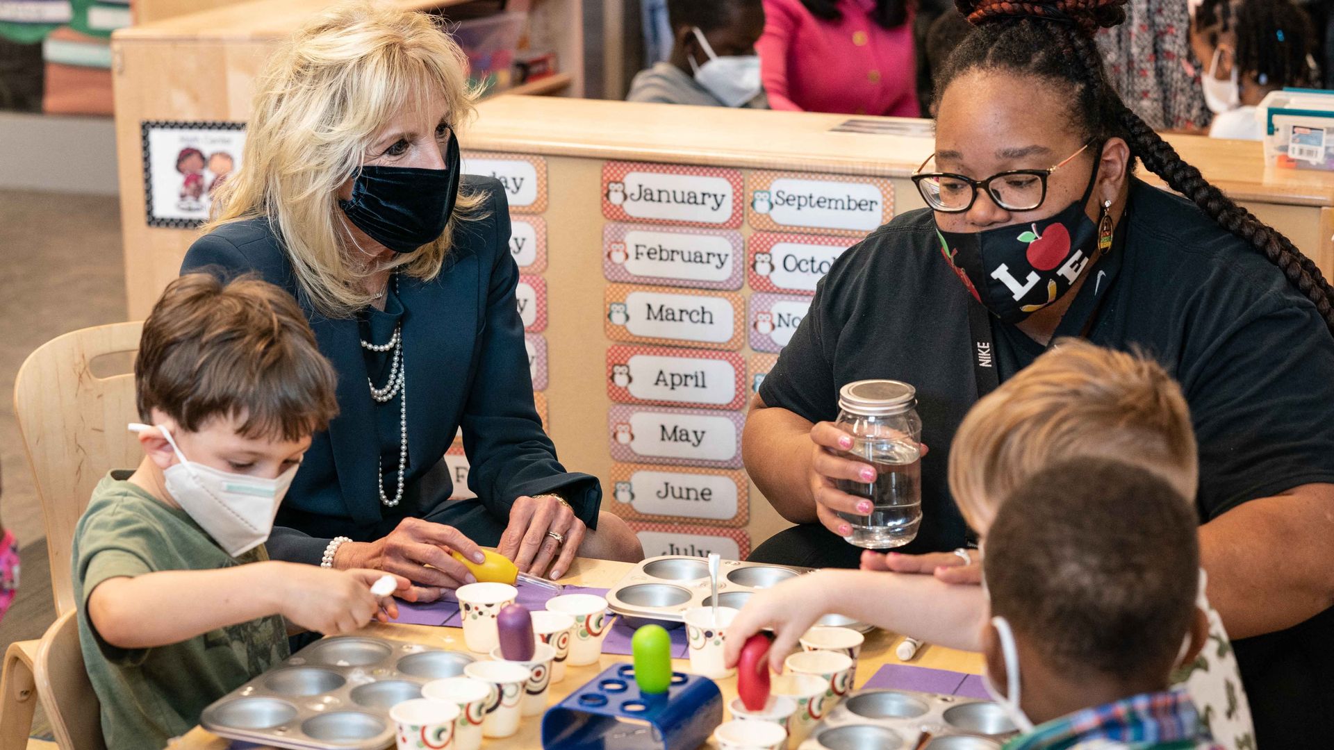 First lady Jill Biden is seen sitting in a classroom during a visit to Birmingham, Ala., on Friday.