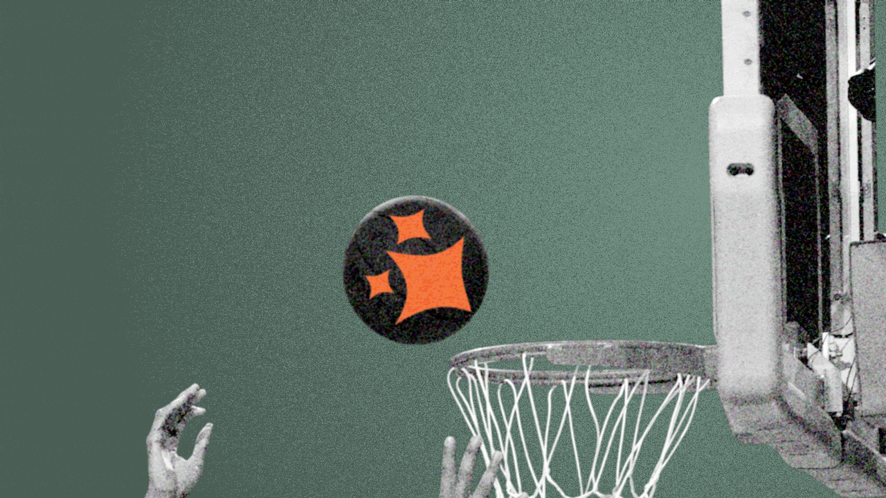 Animated photo illustration of a basketball player's arm, blocking a shot against the backboard. The basketball is black with an orange sparkle emoji on it.