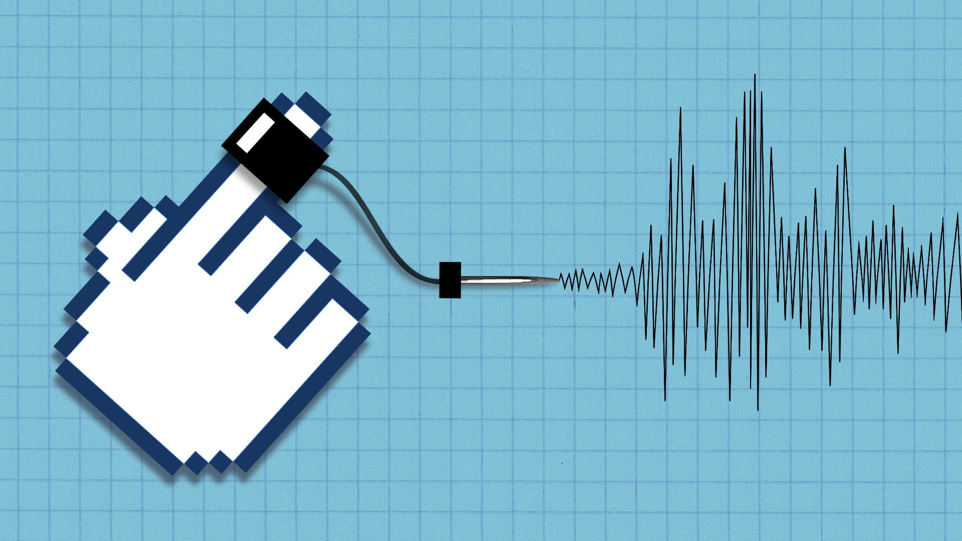 Illustration of a hand cursor connected to a lie detector test