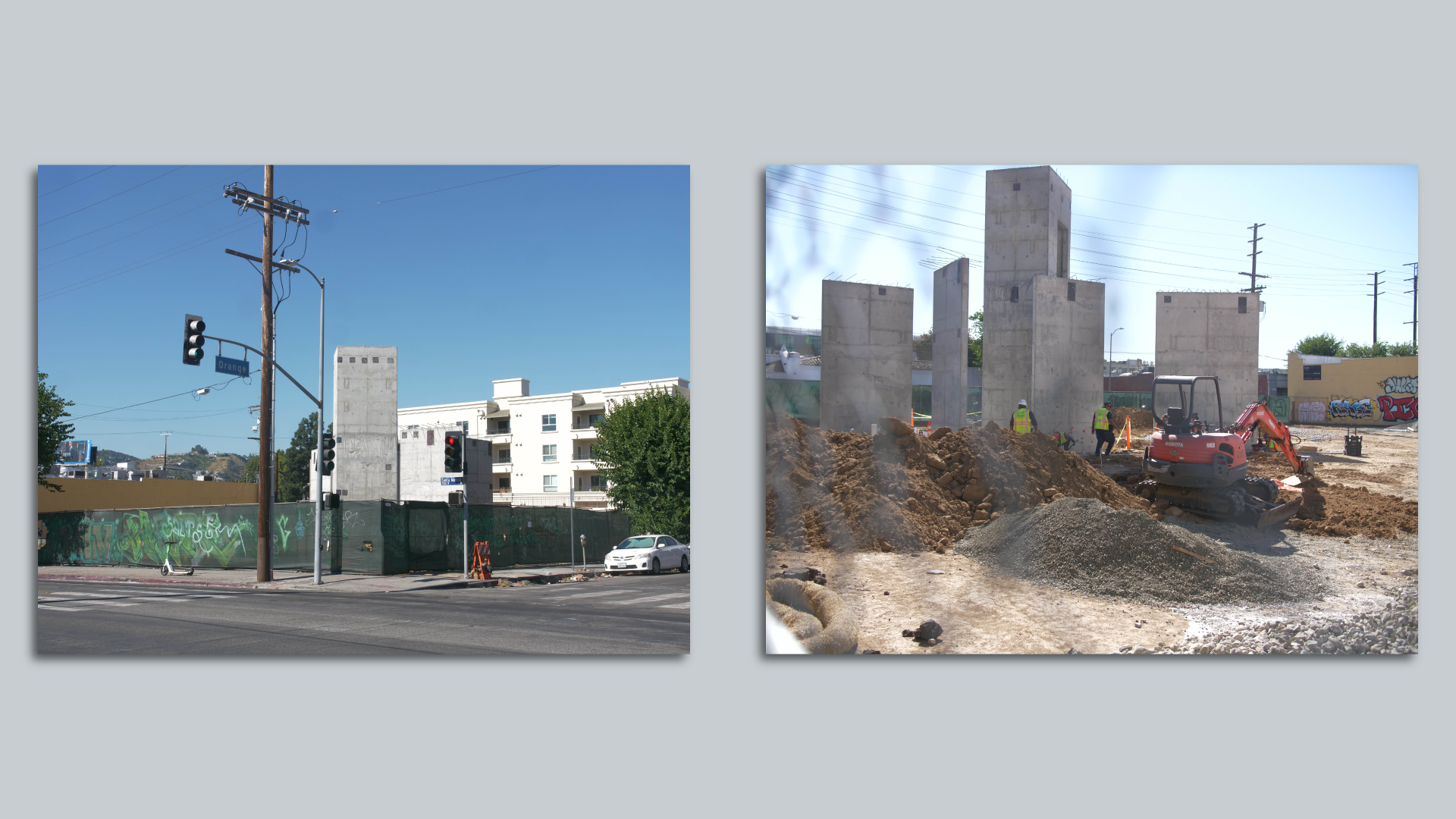 Two views of the construction site at 7001 West Santa Monica Boulevard in Hollywood where Tesla is building a restaurant with charging stations. Photos: Jeffrey Kingson Bloom for Axios.