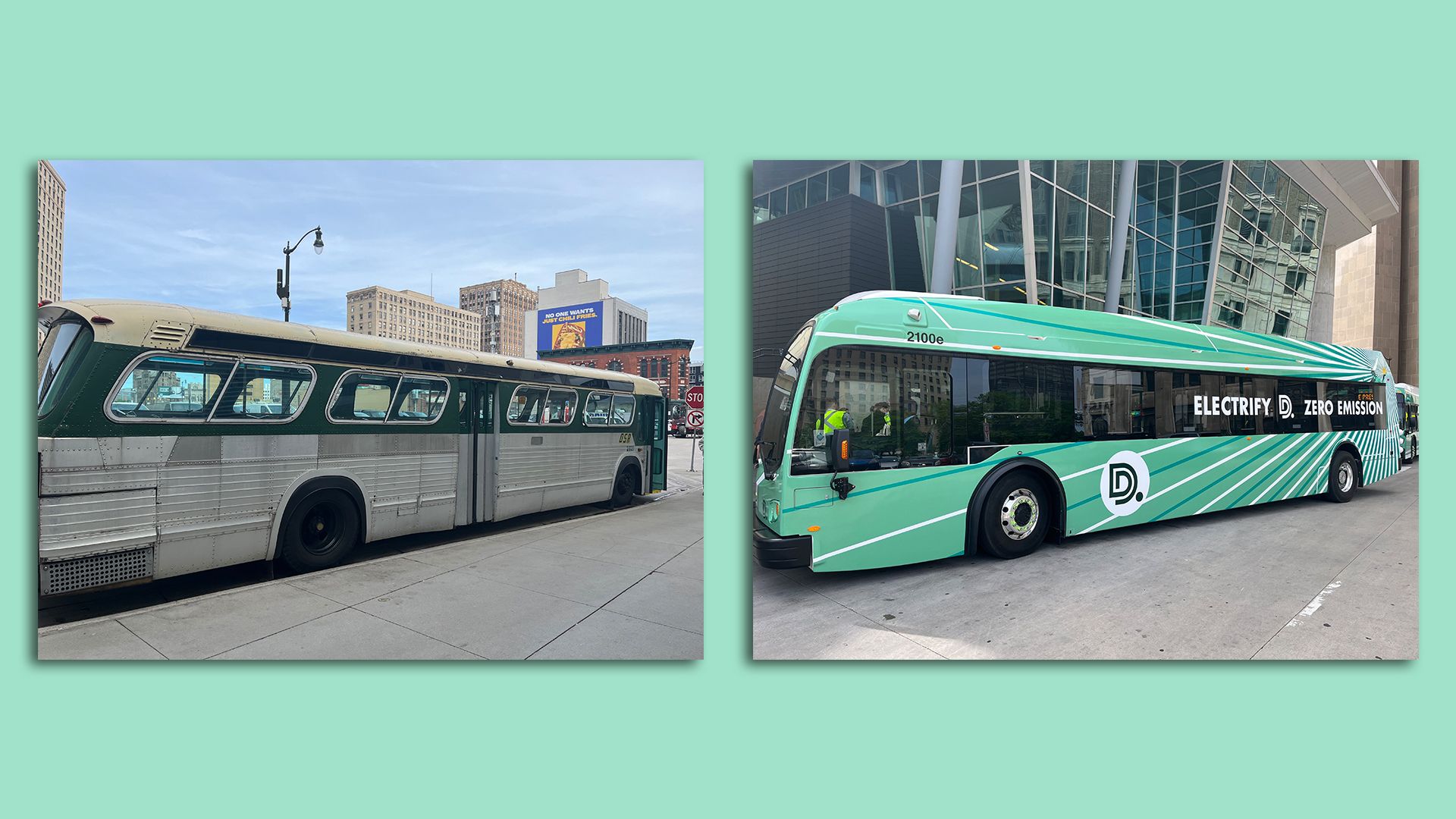 A new Detroit electric bus, right, alongside a bus from 1968. 