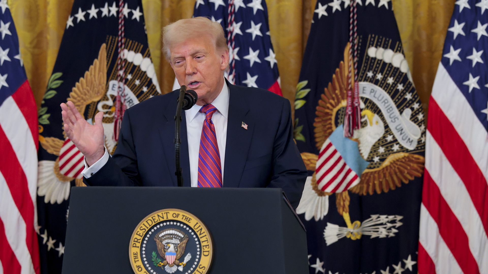  President Donald Trump delivers remarks during a signing ceremony for the "GENIUS Act" in the East Room of the White House July 18, 2025 in Washington, DC. 