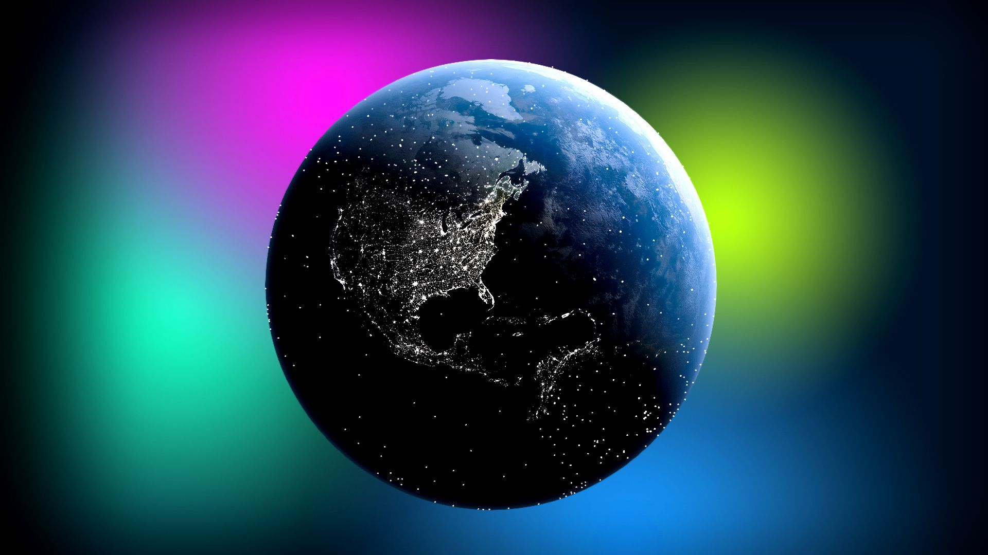 Illustration of the earth speckled with lights set on a colorful background