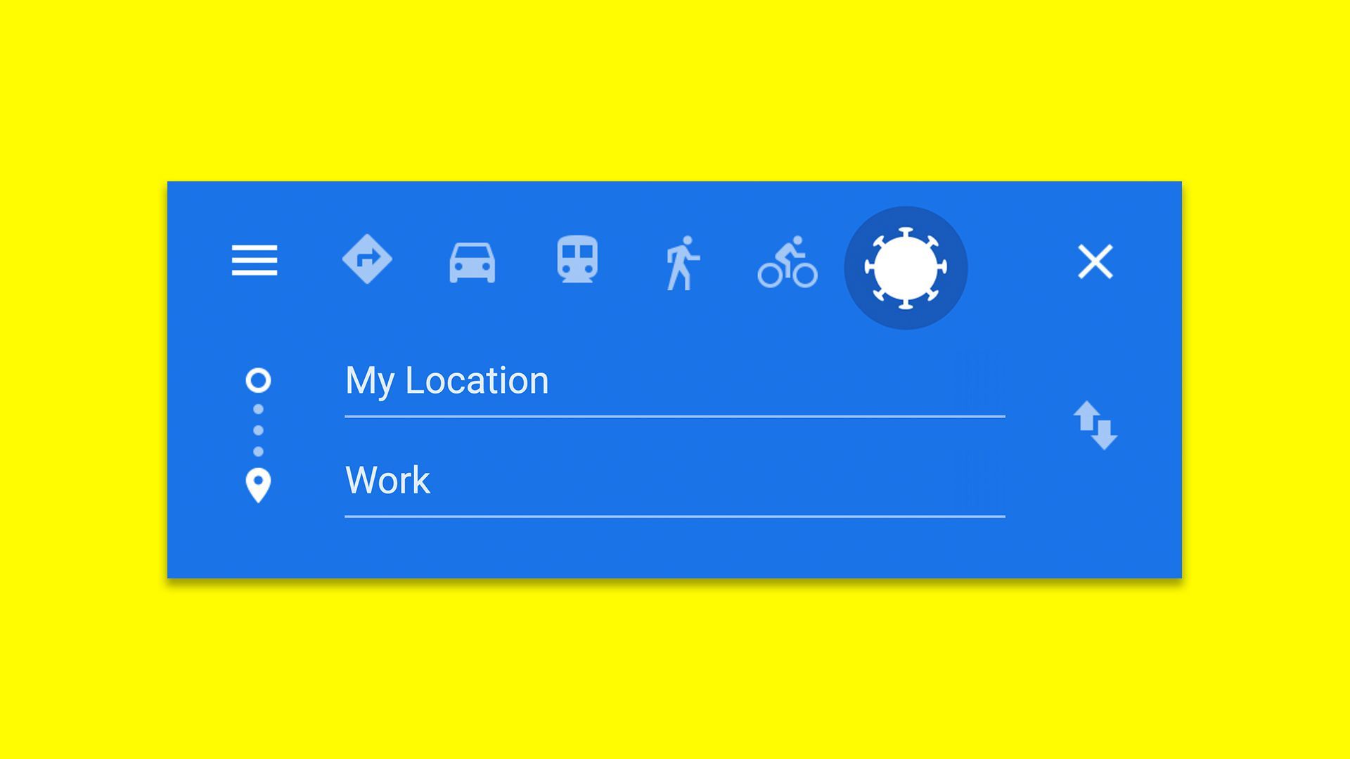 Illustration of the Google directions dashboard with a coronavirus cell highlighted as the mode of transportation. 