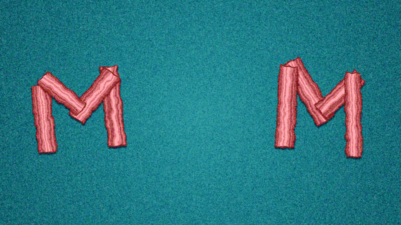 Animated illustration of a stack of pancakes falling, one by one, between two Ms made out of bacon, to form the word MOM. Syrup is poured on the pancakes, which then disappear in a series of bitemarks.