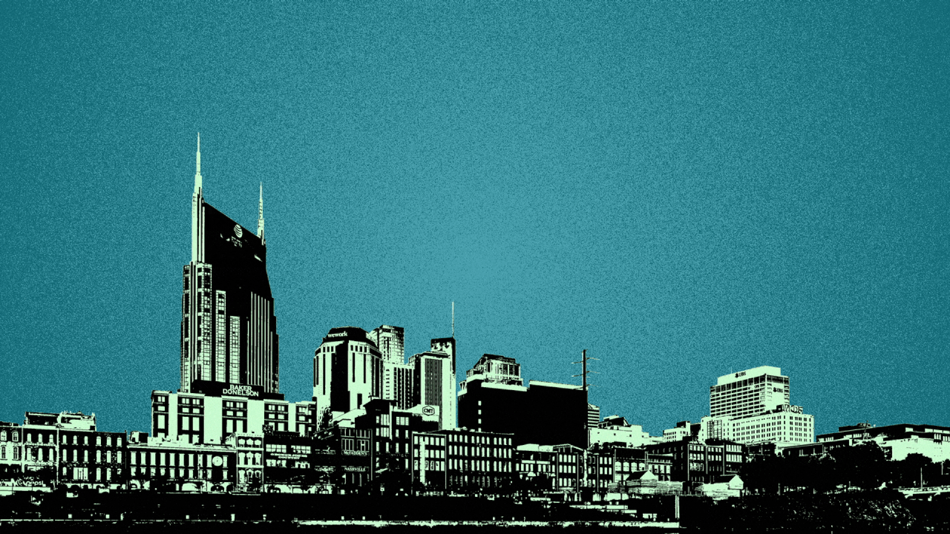Illustration of the Nashville skyline with word balloons with exclamation points in them popping up over it from left to right.