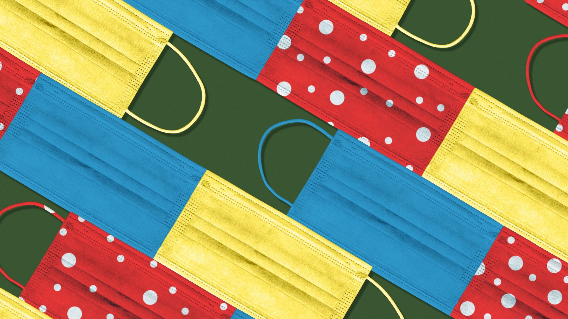 Illustration of a patchwork quilt pattern made from brightly colored children's masks. The quilt has several missing masks that leave holes in the pattern.