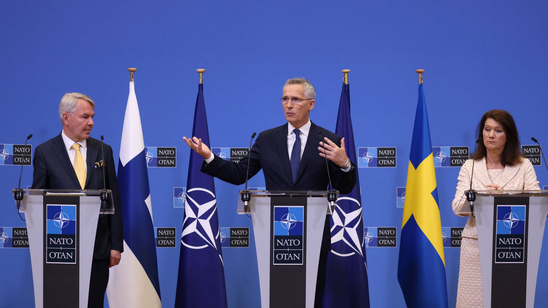 Finnish Foreign Minister Pekka Haavisto, NATO Secretary General Jens Stoltenberg and Swedish Ministry for Foreign Affairs Ann Linde