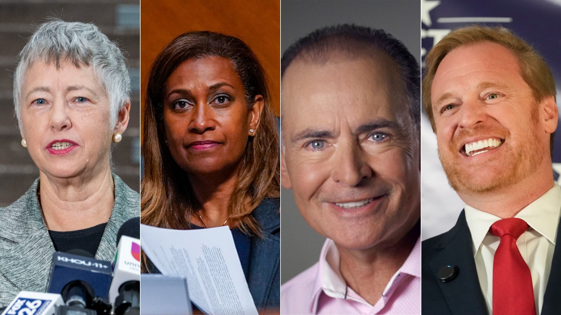 Collage of four diverse people: a gray-haired woman with pearl earrings, a woman with medium brown hair holding papers, a man with blue eyes in a pink shirt, and a smiling man with red hair and a red tie.